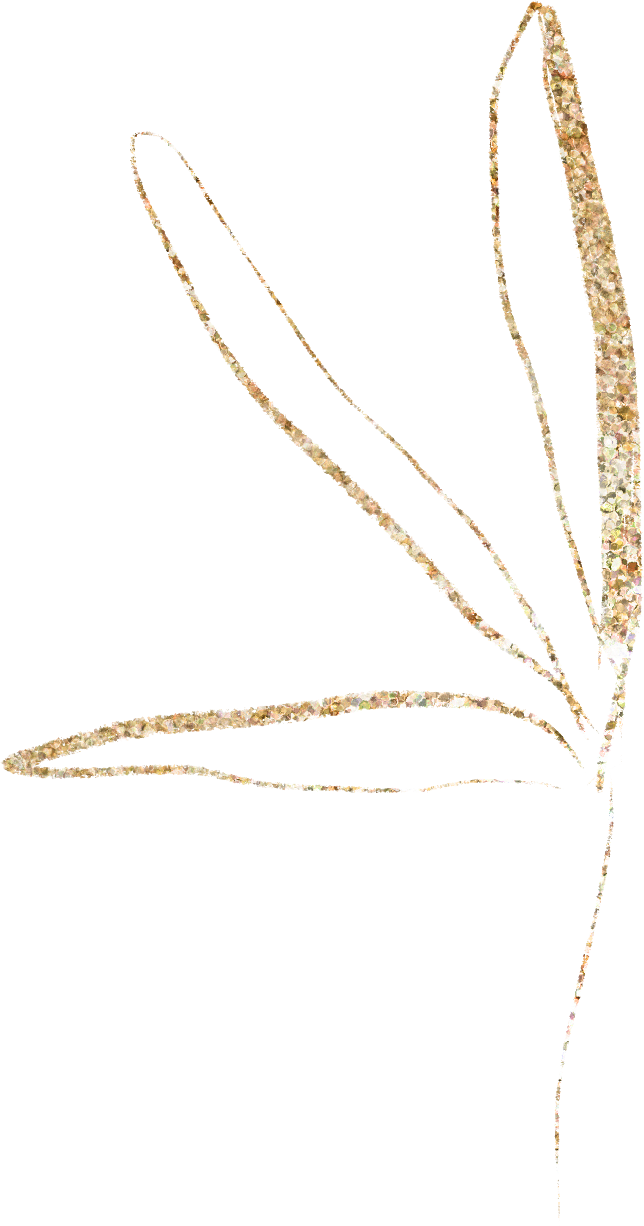Gold glitter outline of a stylized plant with three leaves and a stem on a black background.