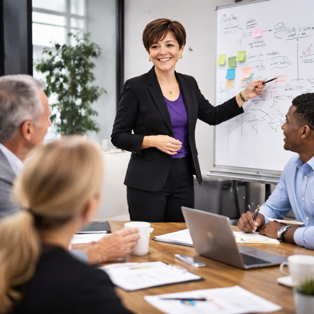 Leadership consultant facilitating a team strategy session focused on communication, alignment, and performance improvement