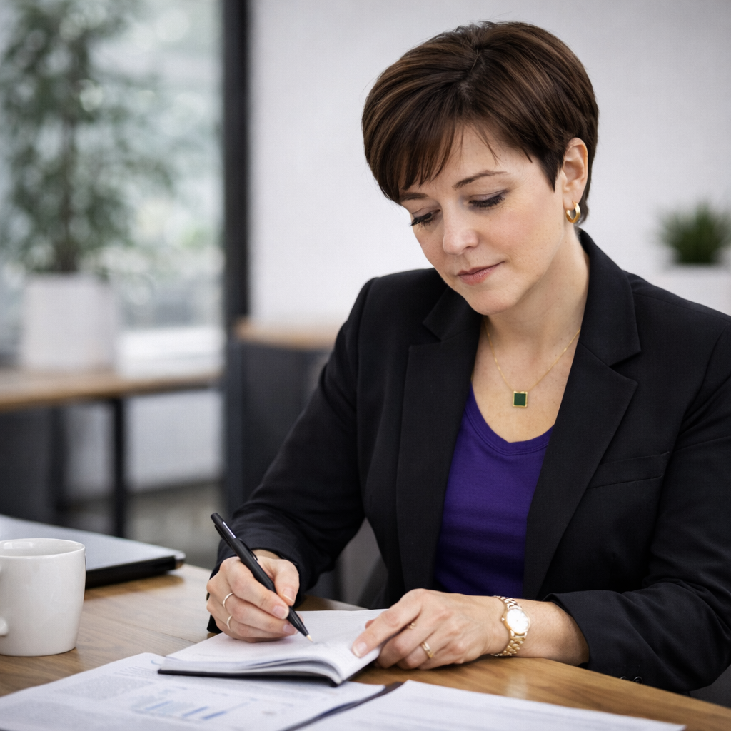 Leadership consultant reviewing notes and planning strategy in a focused, professional setting emphasizing integrity, structure, and results