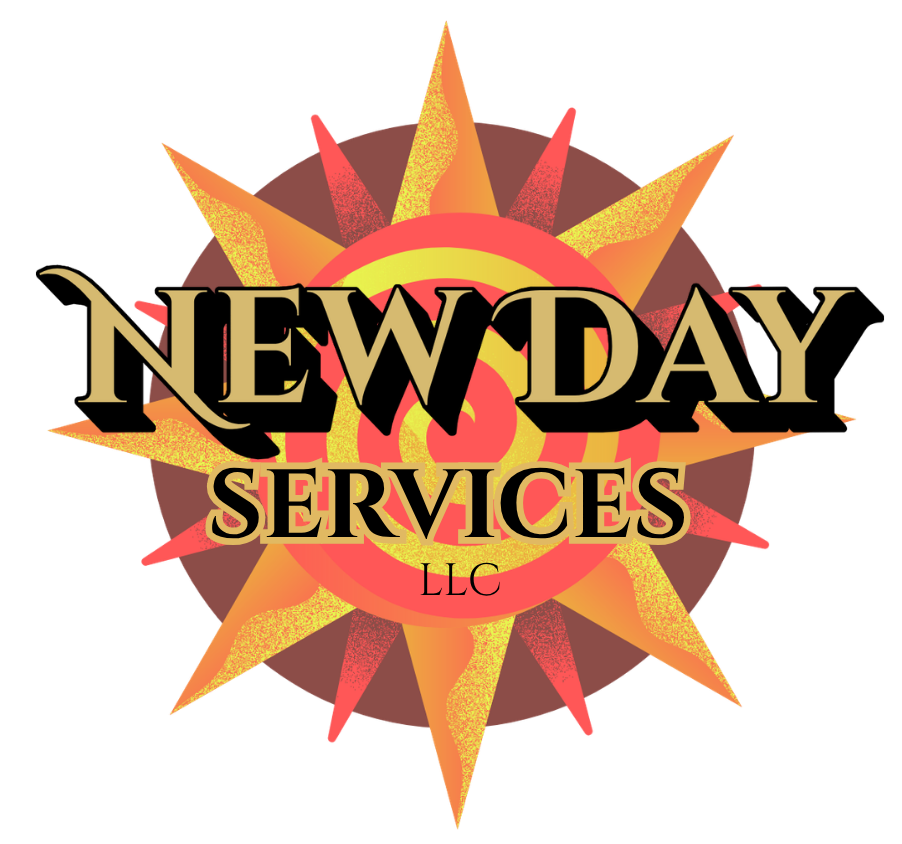 Logo for New Day Services LLC with a sunburst background in yellow, orange, and red, and black text for the company name.