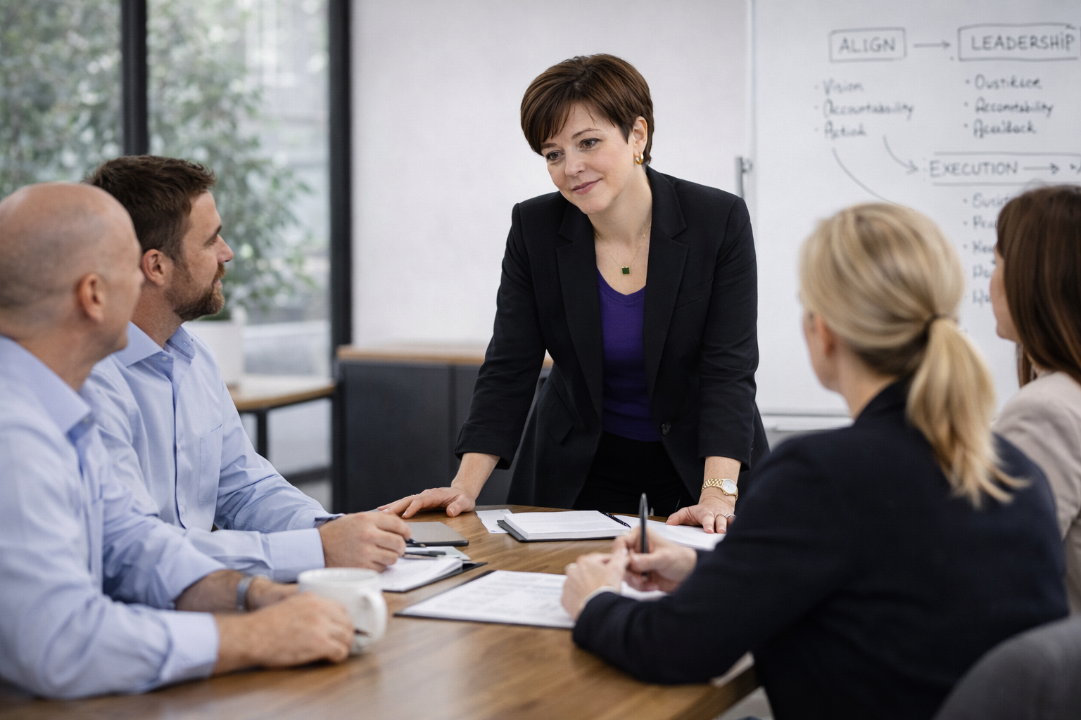 Leadership consultant facilitating team collaboration and strategy session focused on growth and measurable results