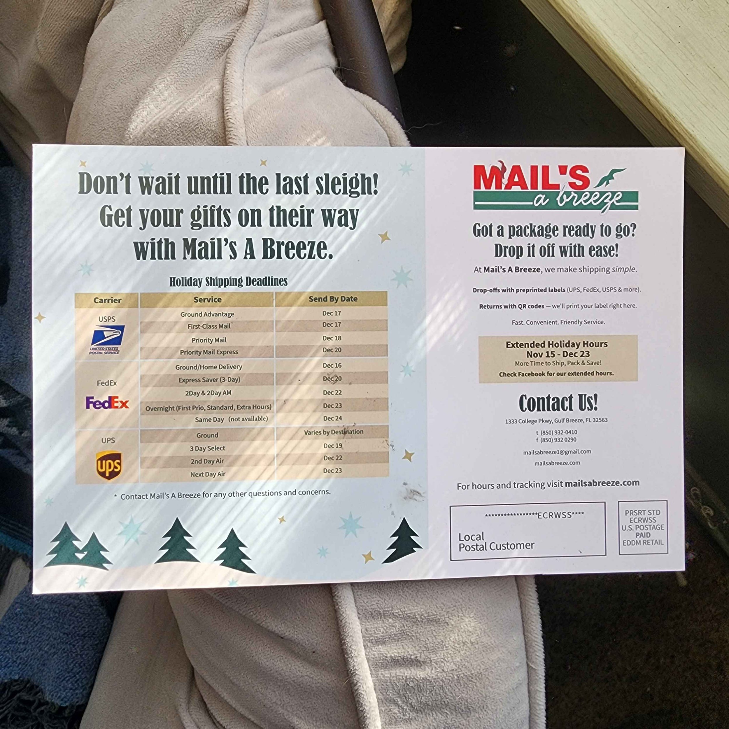 (BACK DM) This is a design done with The Marketing Bar Pensacola FL. The design brief was to create a direct mail to promote another business they owned, titled Mails a Breeze. This direct mail was to promote Mails a Breeze, as well as their holiday 