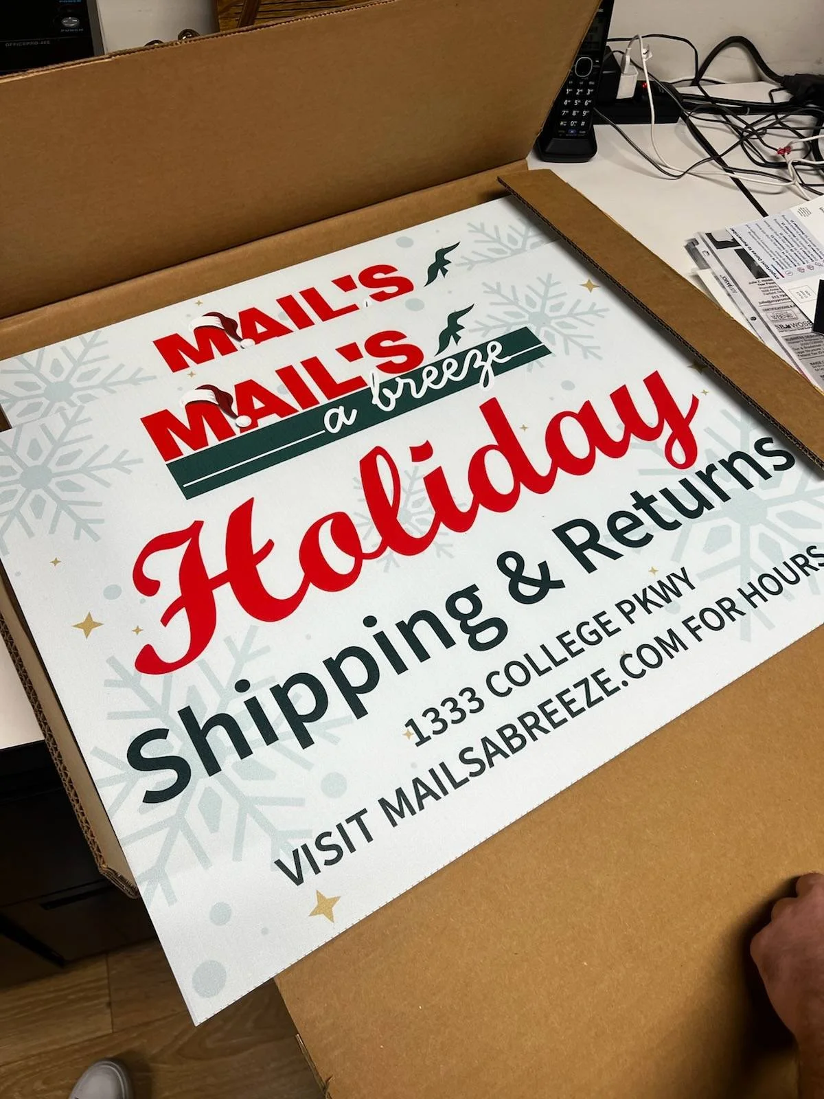 This is a design done with The Marketing Bar Pensacola FL. The design brief was to create a yard sign to promote another business they owned, titled Mails a Breeze. This direct mail was to promote Mails a Breeze, as well as their holiday shipping.