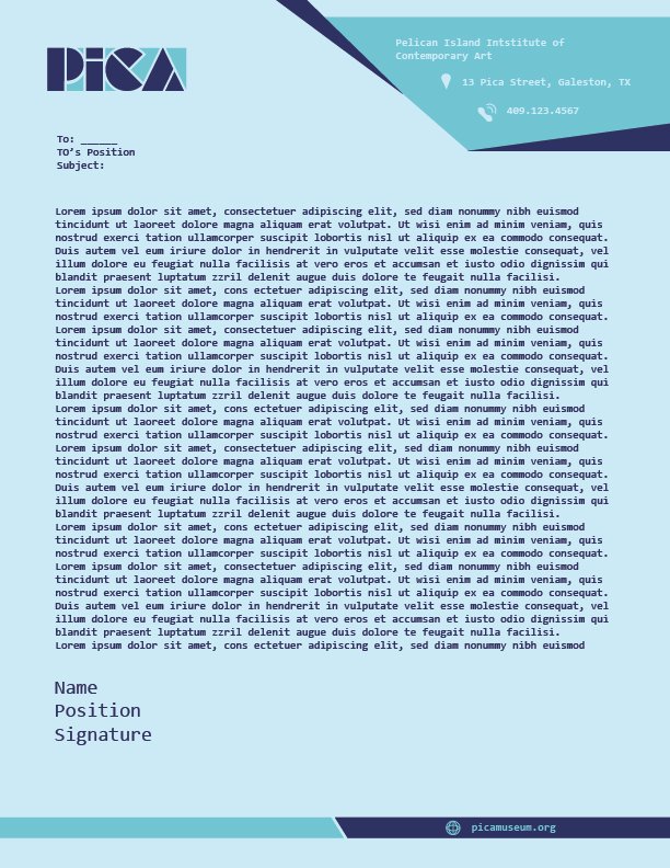 (MUSEUM LETTERHEAD) This project was completed for a Visual Identity and Logo design class. This project was a group effort, as students were tasked with creating a logo for a Museum: PICA (Pelican Institute of Contemporary Art). My part in the group