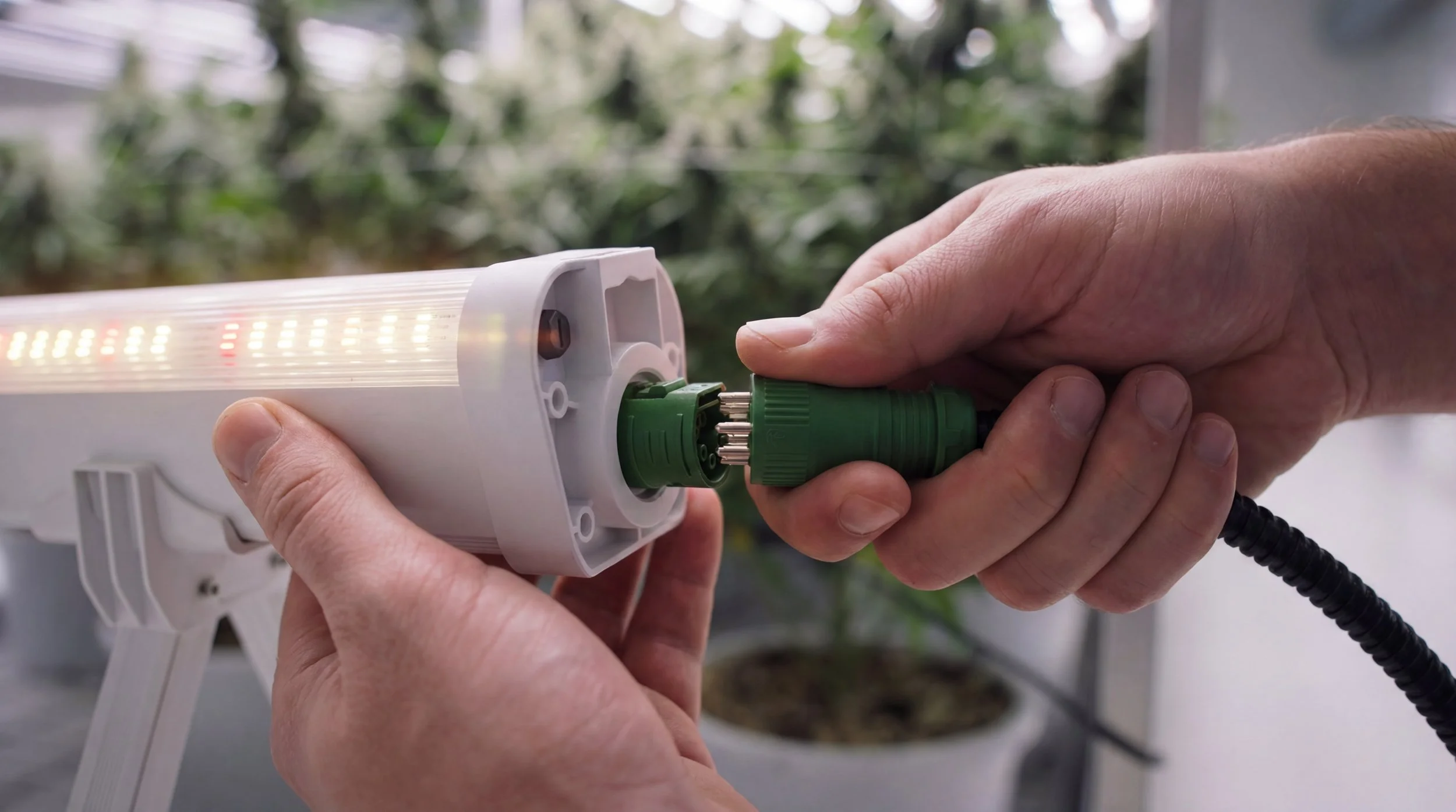 Person connecting an electrical Connecttion on a The Lumatek 120W under canopy