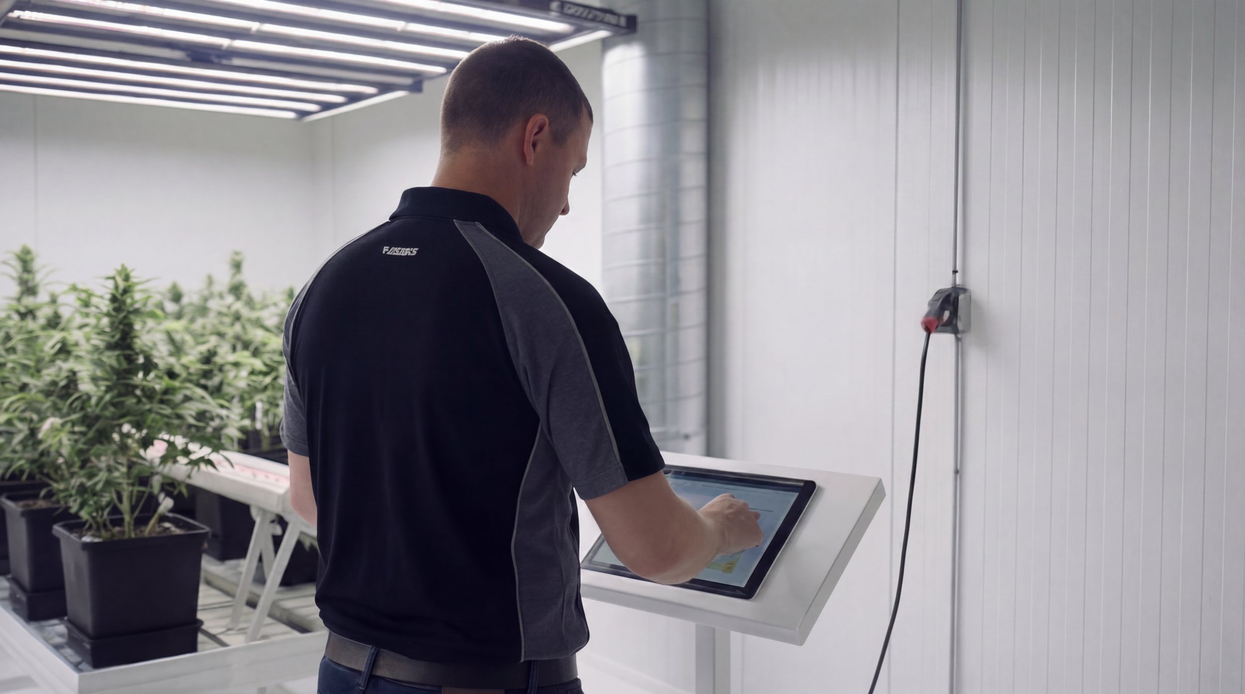 A man in a black and gray shirt using a touchscreen monitor in a clean, white indoor facility with potted plants on a table. The Lumatek 120W under canopy