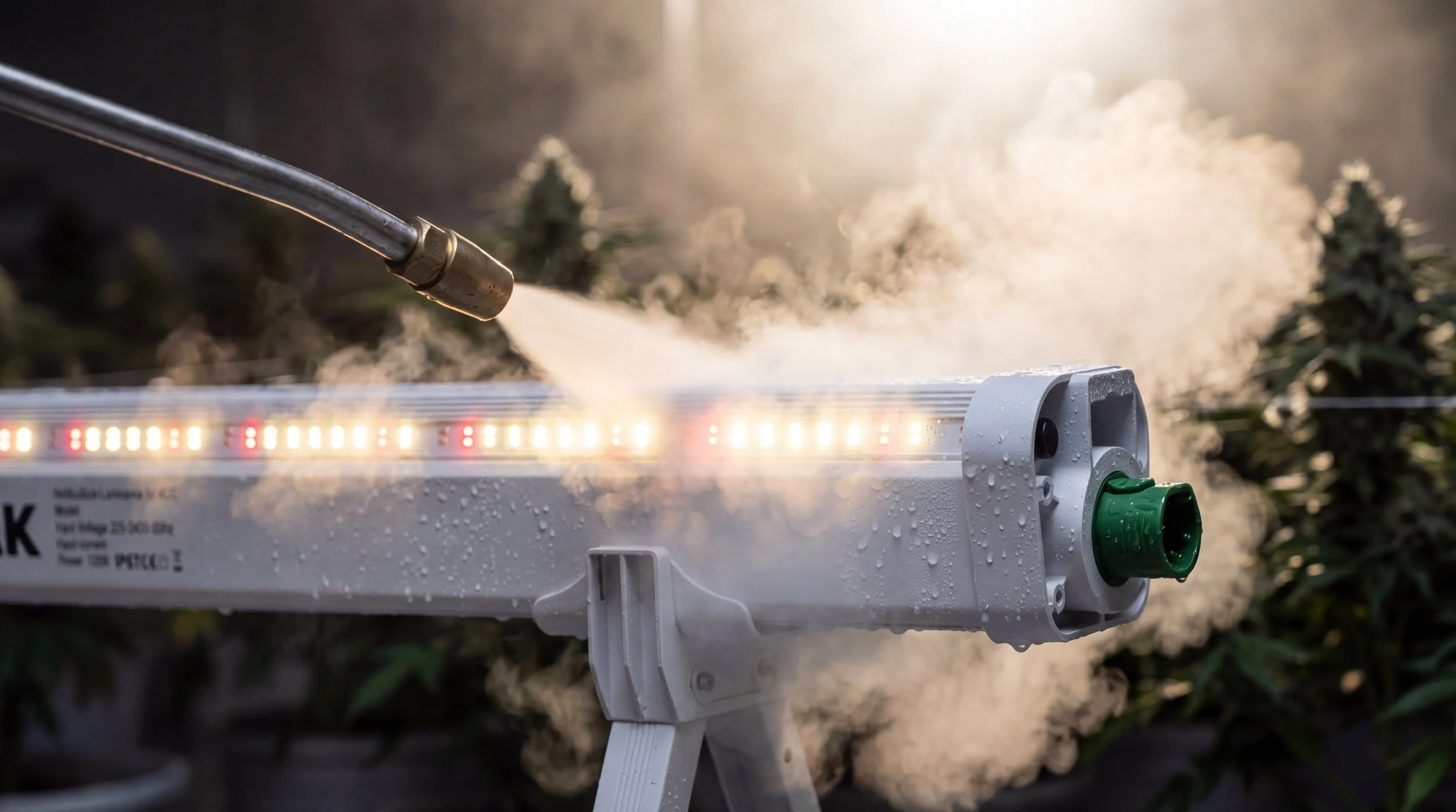 Cannabis plants being sprayed with carbon dioxide in a greenhouse.