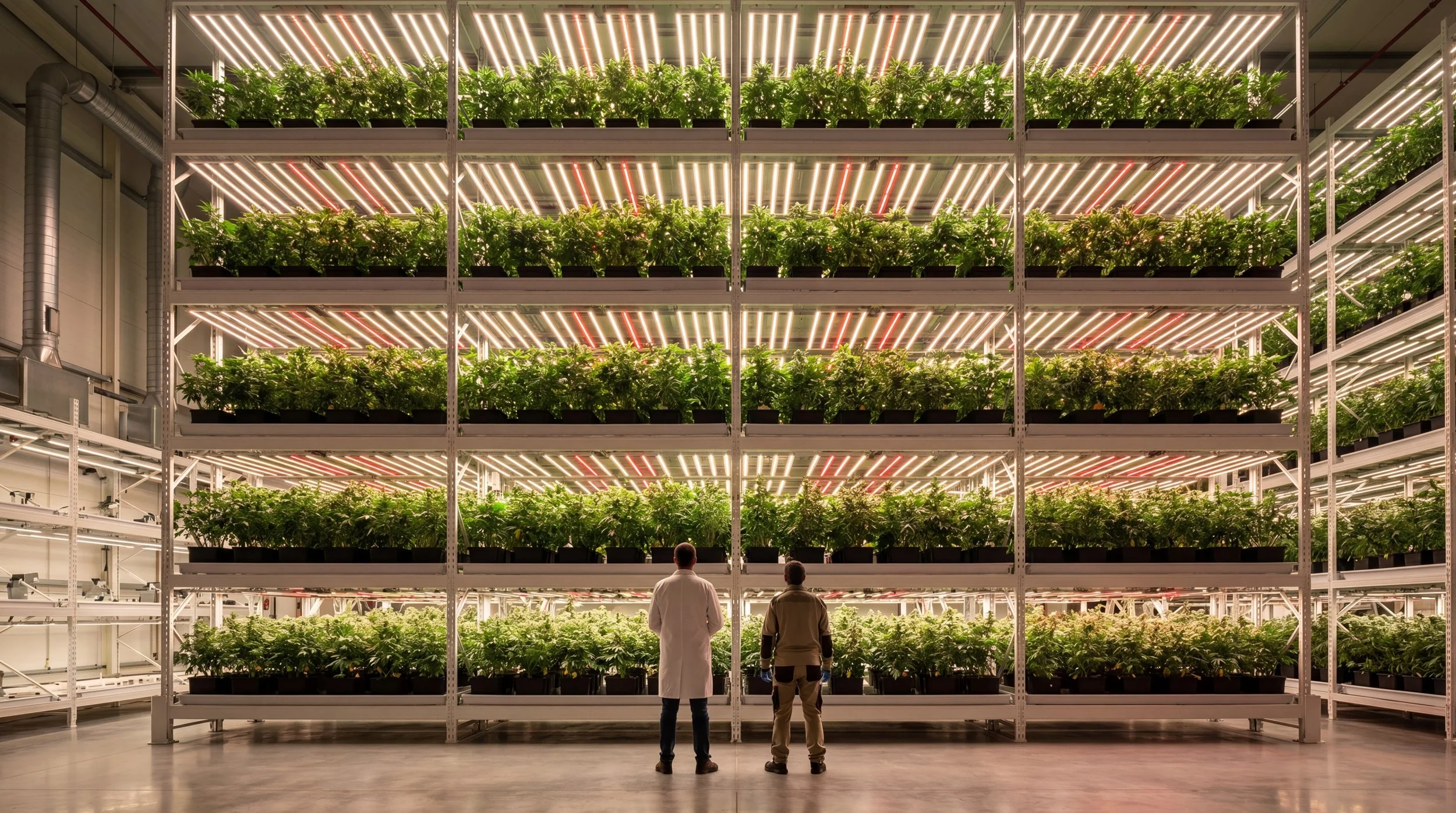 Two people in a large indoor cannabis cultivation facility, standing in front of multi-tiered shelves filled with green plants, with bright grow lights overhead.