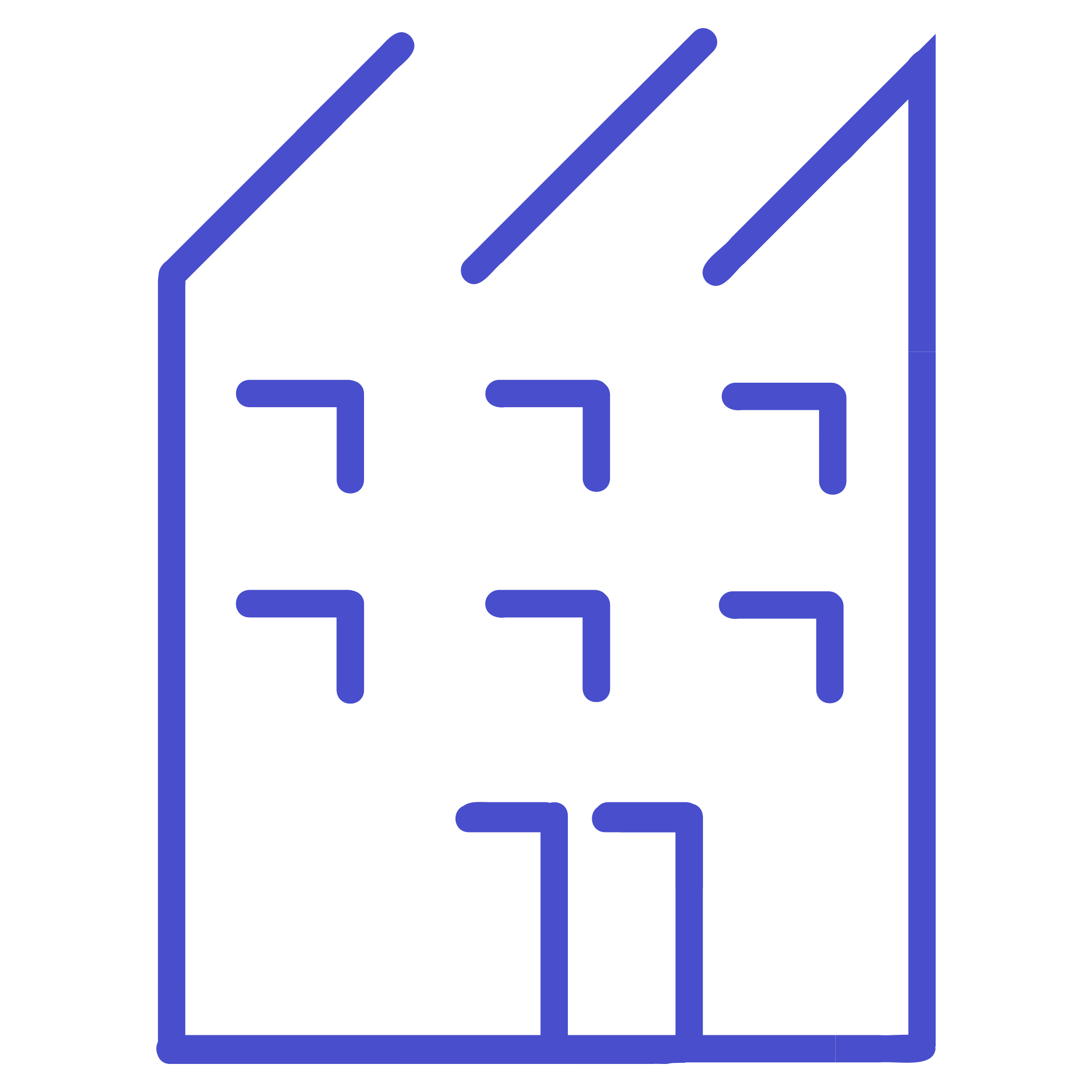 Outline of a house with a roof, a door, and a chimney, drawn with blue lines.