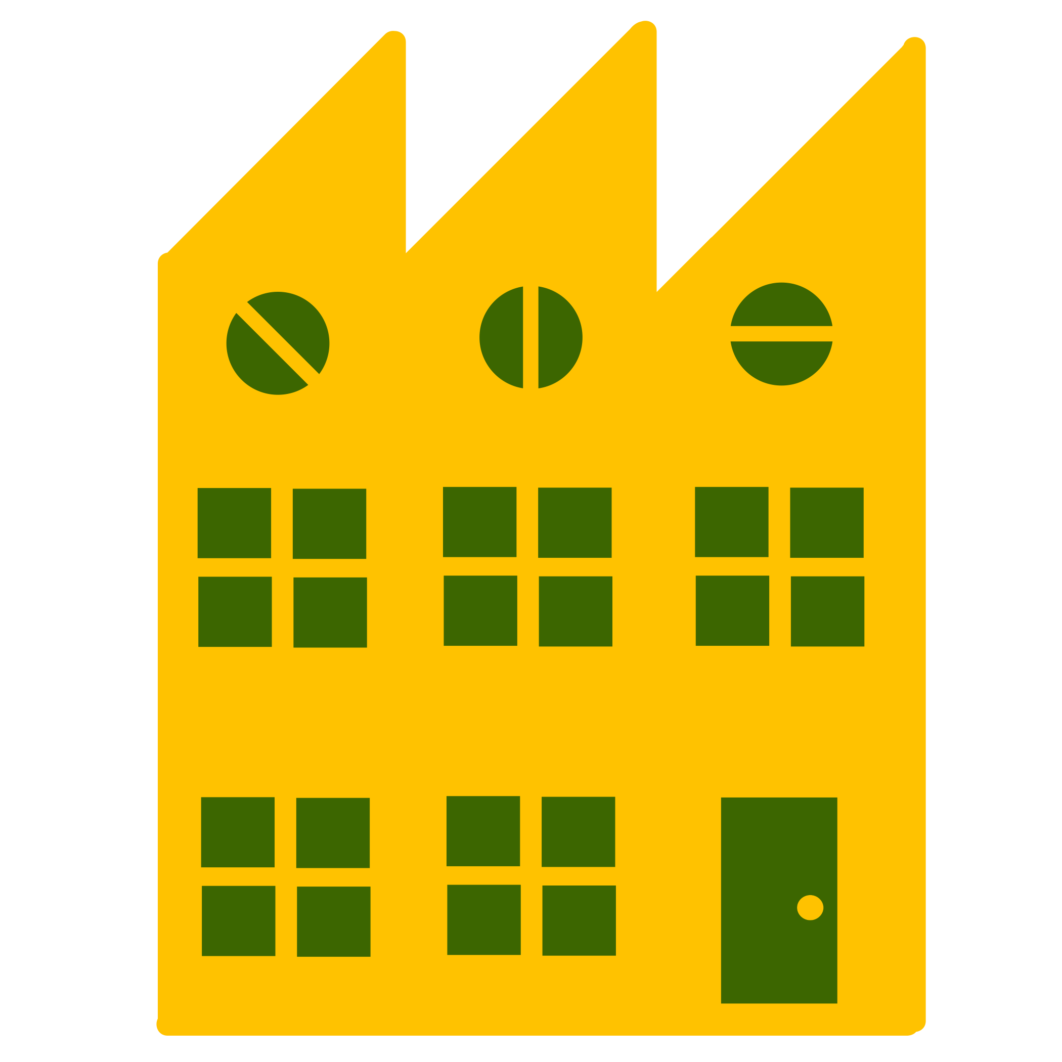A yellow factory icon with three smokestacks and green windows, over a dotted line. This appears to be a business, factory, or some other professional environment.