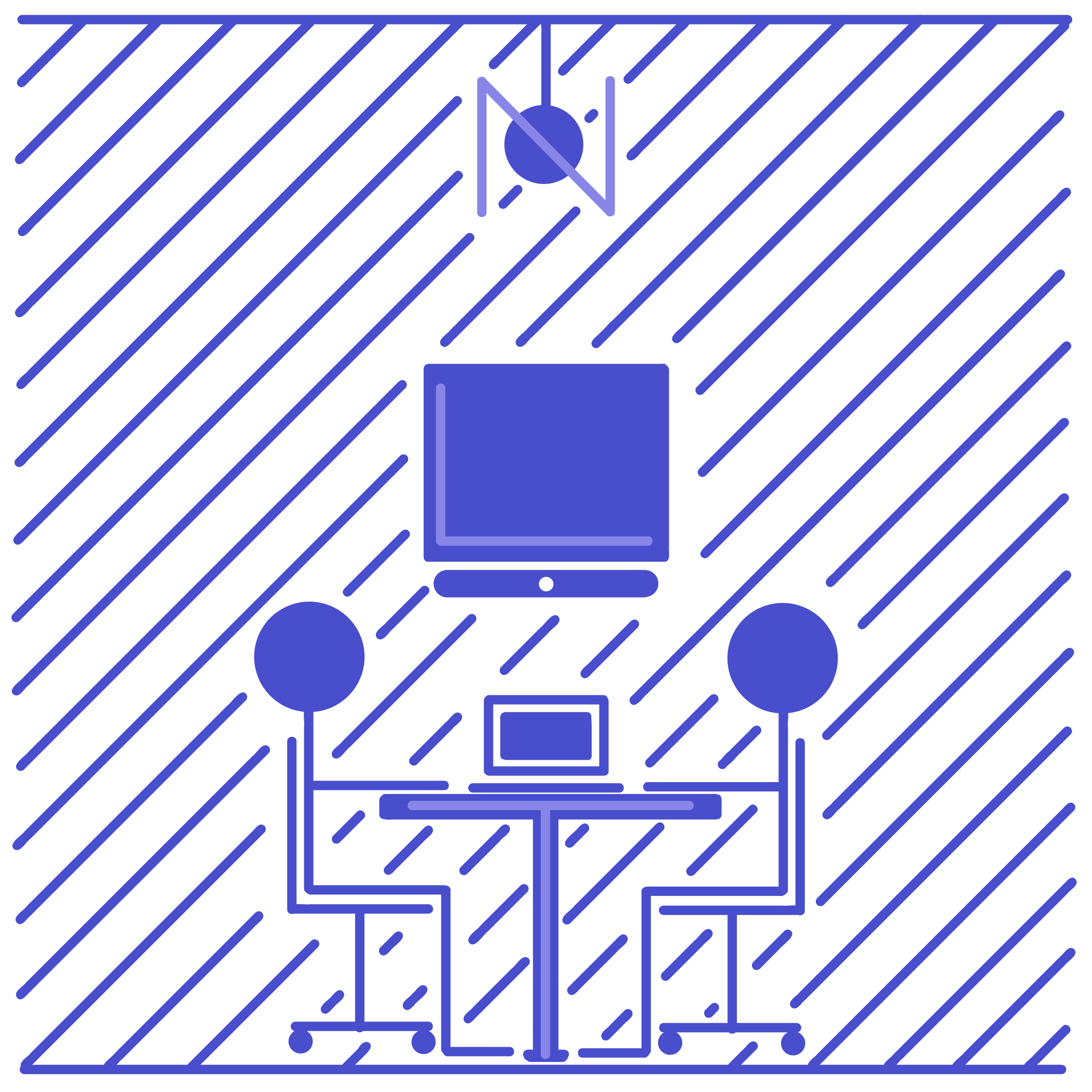 Line drawing of two people, a client and a technical service provider working together, conference room set up, and laptop connected by lines with a dot in the center, representing technology, collaboration, and connectivity.