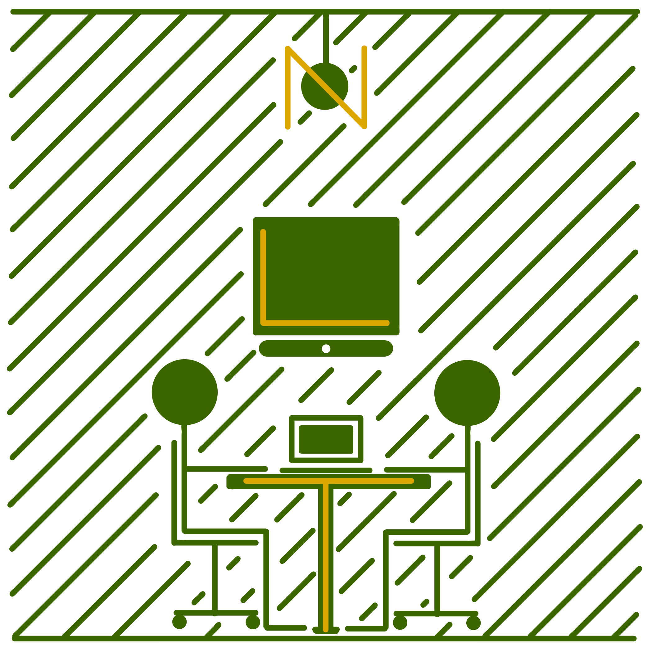 An infographic shows a touchscreen device with a stylus, a smartphone, and a laptop, all interconnected with lines, on a black background with green diagonal stripes. The people appear to be collaborating around technology.