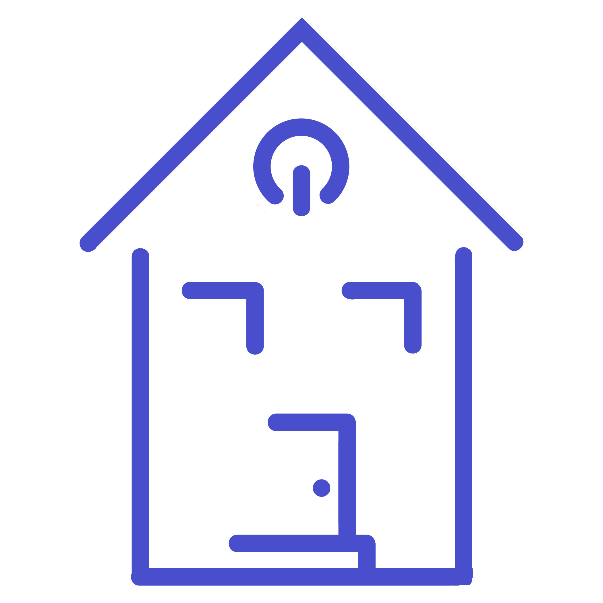 A digital line icon of a house with an antenna on the roof, depicted in blue.