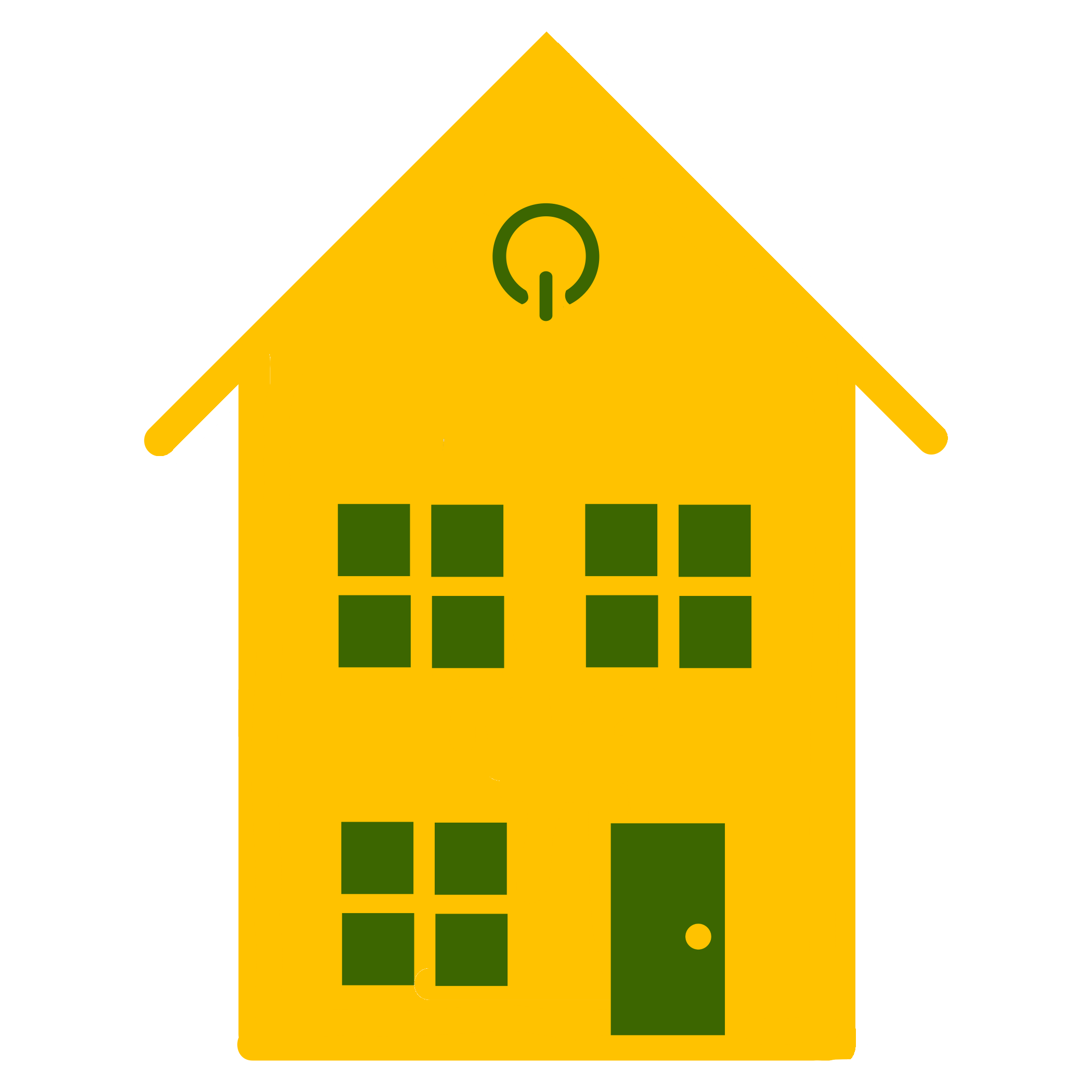 A yellow house-shaped caution sign with green accents and a green exclamation mark in a circle. This appears to represent a home, a residence, or someone's personal living space.