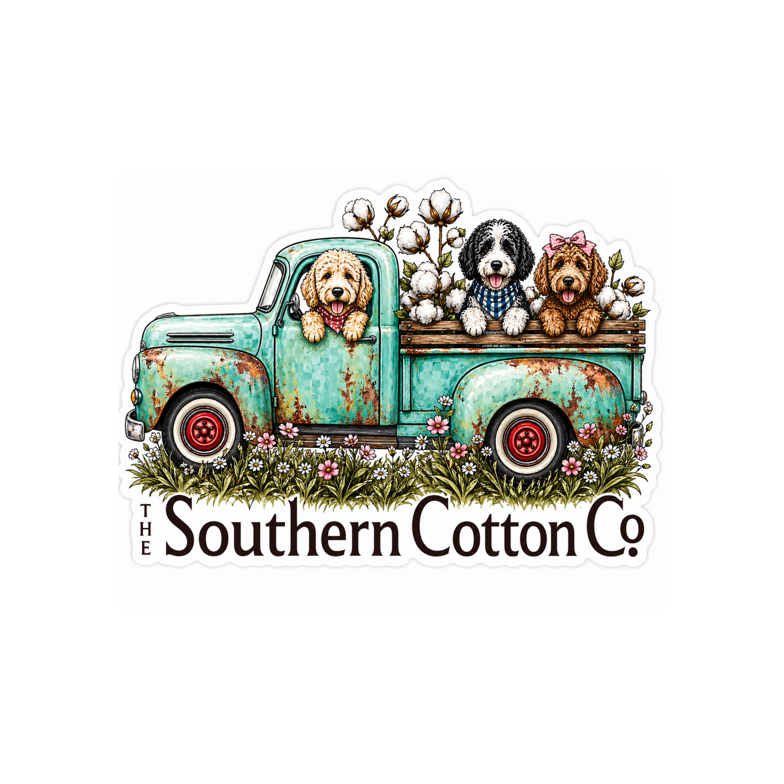 Vintage teal truck with rust, carrying three adorable puppies sitting among cotton plants and colorful flowers, promoting Southern Cotton Co.