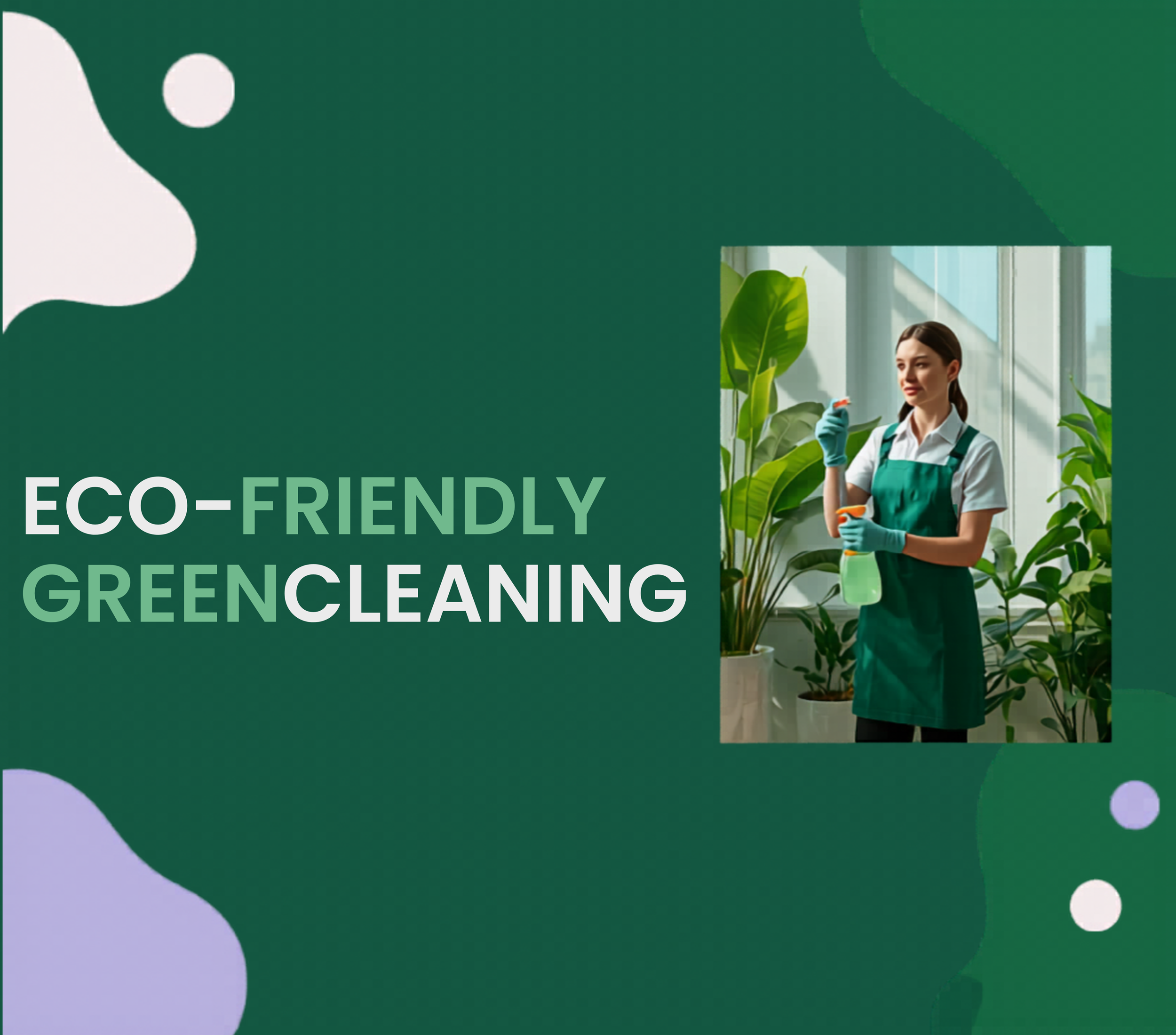 A woman in a green apron cleaning a window with green plants in the background, promoting eco-friendly green cleaning.