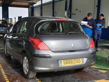 Peugeot 308 sits on weighscale at the start of it's ITV import test in Murcia. Each axle will be weighed individually at this stage of the test as well as the overall vehicle. The Spanish import test extremely thorough and all aspects of vehicle safe