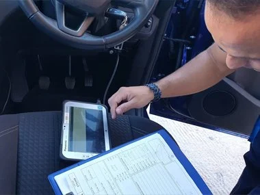ITV import technician carries out new diagnostic tests on Ford Grand C-Max during import test. Diagnostic testing was introduced in September 2018 on all Euro 5 and Euro 6 vehicles as part of a range of new testing regulations. This car passed withou