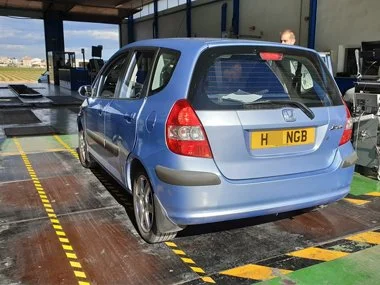 Honda Jazz being weighed at the start of it's import test in Murcia. One of the new testing rules introduced this month mean that both axles will be weighed separately, as well as the overall vehicle weight. This vehicle had already undergone a free 