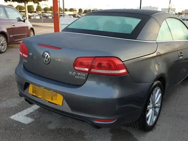 VW Eos on UK plates is collected from parking company in Mallorca and will be taken straight to the ITV station. This vehicle will require two new rear lens units and realignment of both front headlights to comply with Spanish regs. All work is carri