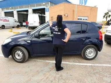 Dacia Sandero on Swedish plates from Benidorm area awaits it's import test with a member of our import team staff at an ITV centre in Murcia. This vehicle had it's rear tinted windows certified for use in Spain by one of our mobile partners whilst wa