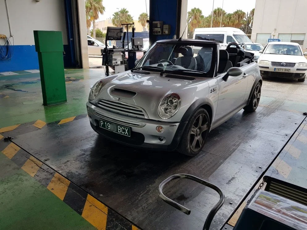Mini Cooper S start ITV test by being weighed to ensure that the vehicle weight is as specified by it's European Type Approval number. Everything is checked against this specification to ensure conformity - August 2018