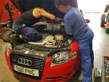 Audi A4 Cabriolet has a very heavy new battery fitted requiring two mechanics to complete installation. We also realigned headlights, rewired and adapted rear fog light and supplied 4 new tyres - August 2018