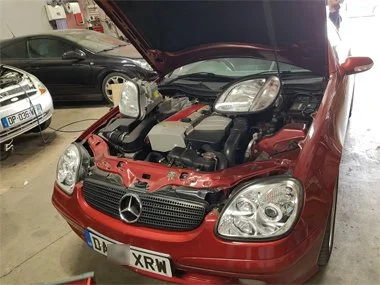 New left hand drive headlights about to be fitted to Mercedes SLK 230 at our workshop - July 2018