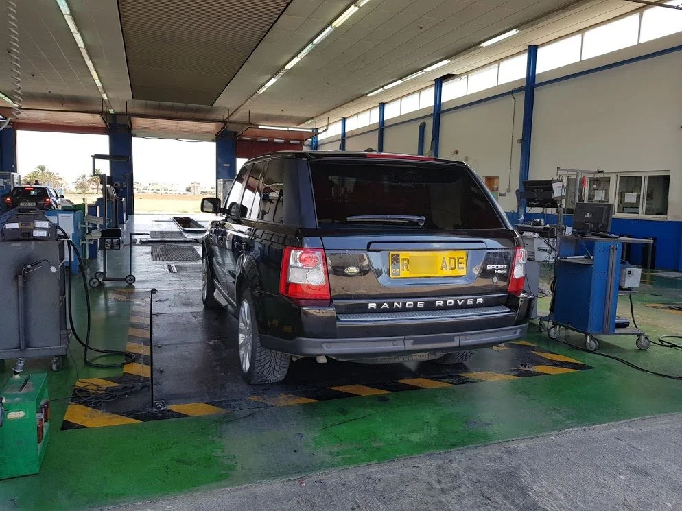 Range Rover Sport from Cadiz region about to start ITV test at our local test centre. We didn't have to change headlights on this vehicle as they had already been changed to flat beam for driving in continental Europe  - August 2018