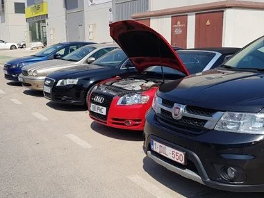 A range of vehicles being prepared for import test, including Ford Focus, Jaguar X-Type, Audi A4 Saloon, Audi A4 Cabriolet and Fiat Freemont 7 Seater  - August 2018