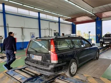 Volvo V70 estate on Danish plates undergoes brake test on rear wheels during ITV import test. This customer from Iceland came to us after her unsuccessful attempt to do the import herself, using her own solicitor. Needless to say, we were cheaper and