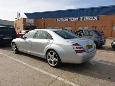 Mercedes S320 CDI L Brabus waits in line to be inspected at ITV test centre in Murcia. This vehicle had it's headlights realigned and rear fog light rewired to the left hand side as part of our service. Our customers are importing this vehicle as par