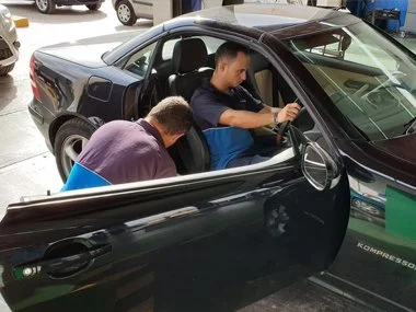 Mercedes SLK230 from Cadiz undergoes a very stringent Spanish import test at our ITV test centre in Murcia. We supplied and fitted new European spec headlights for this vehicle on the same day as the test whilst the customers used one of our vehicles