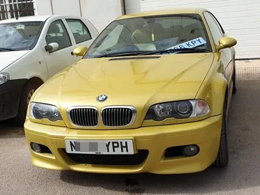 BMW M3 about to have it's old UK registration plates changed for brand new "KPY" Spanish registration plates at our workshop. We arranged to have this vehicle collected in Wales, delivered to us, tested, imported on to Spanish plates and delivered di