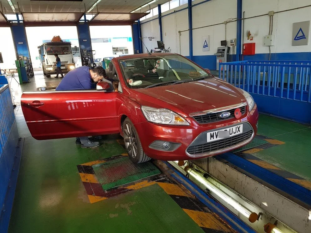 Ford Focus Coupe Cabriolet being inspected during an import test whilst over inspection pit. We had to rectify a couple of issues and vehicle was subsequently retested successfully - July 2018