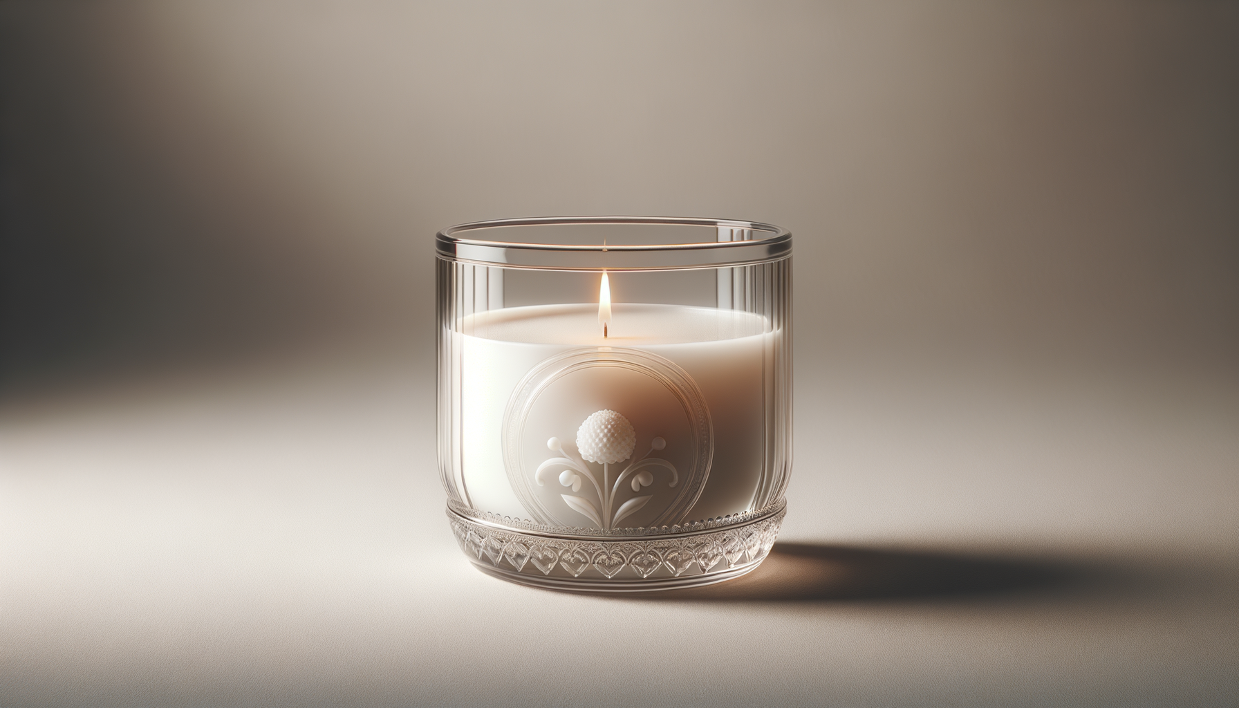 A lit white candle in a clear glass holder with decorative etched floral pattern, on a neutral surface with a gradient background.