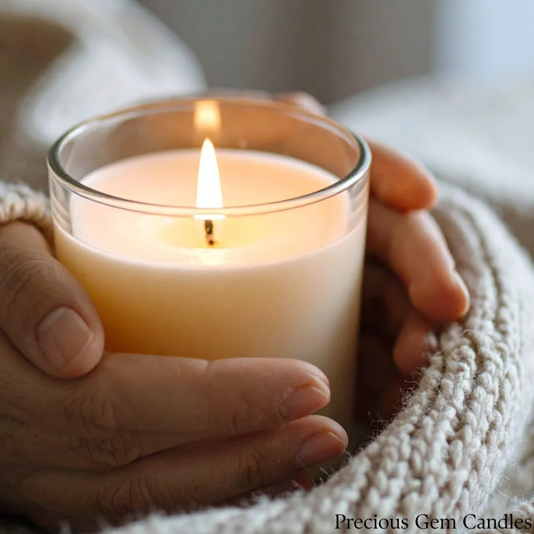 Close-up of a person holding a lit candle in a glass container, with hands wrapped in a cozy sweater.