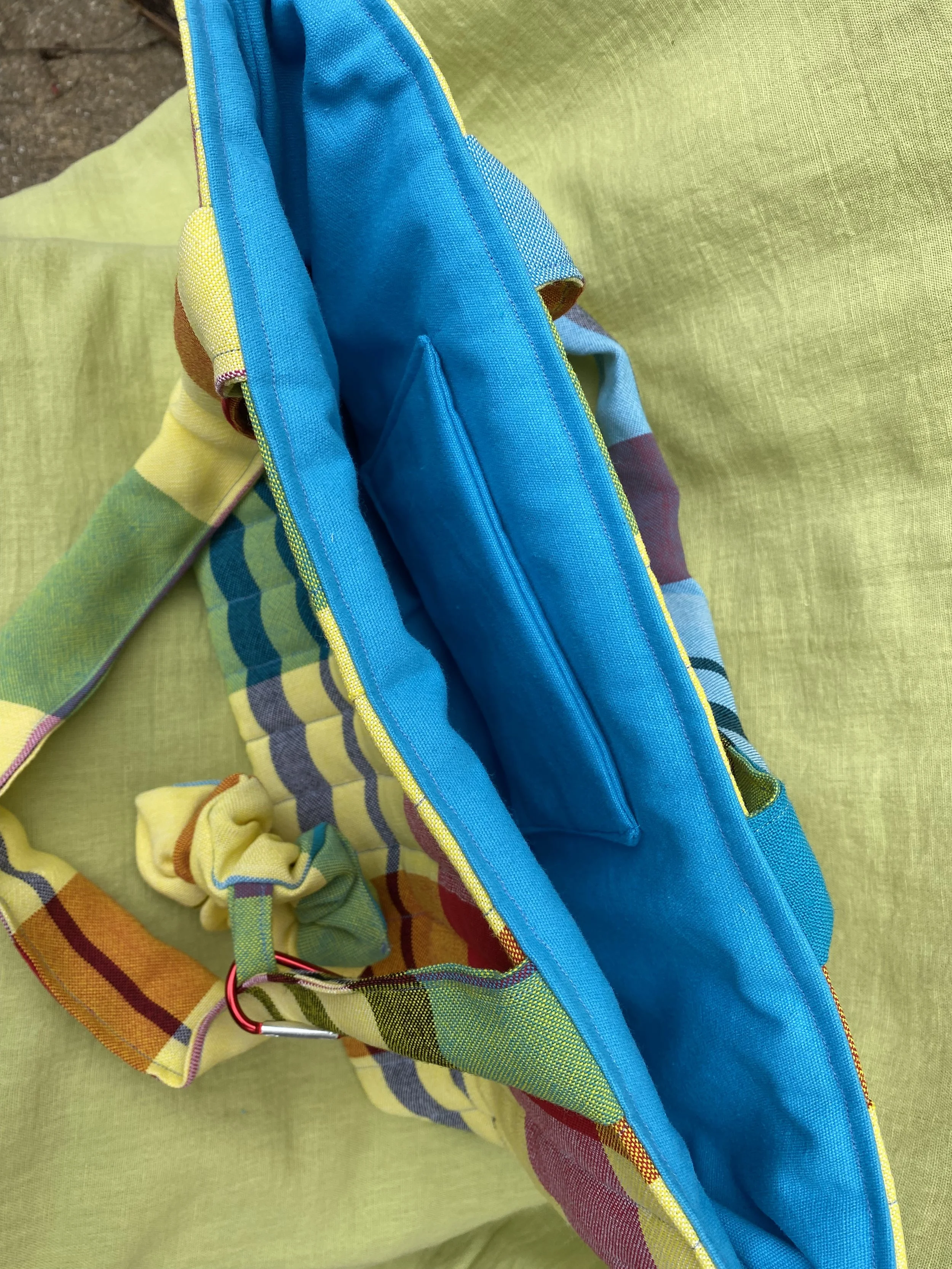 checked yellow blue table cloth bag with scrunchie inside pic.jpeg