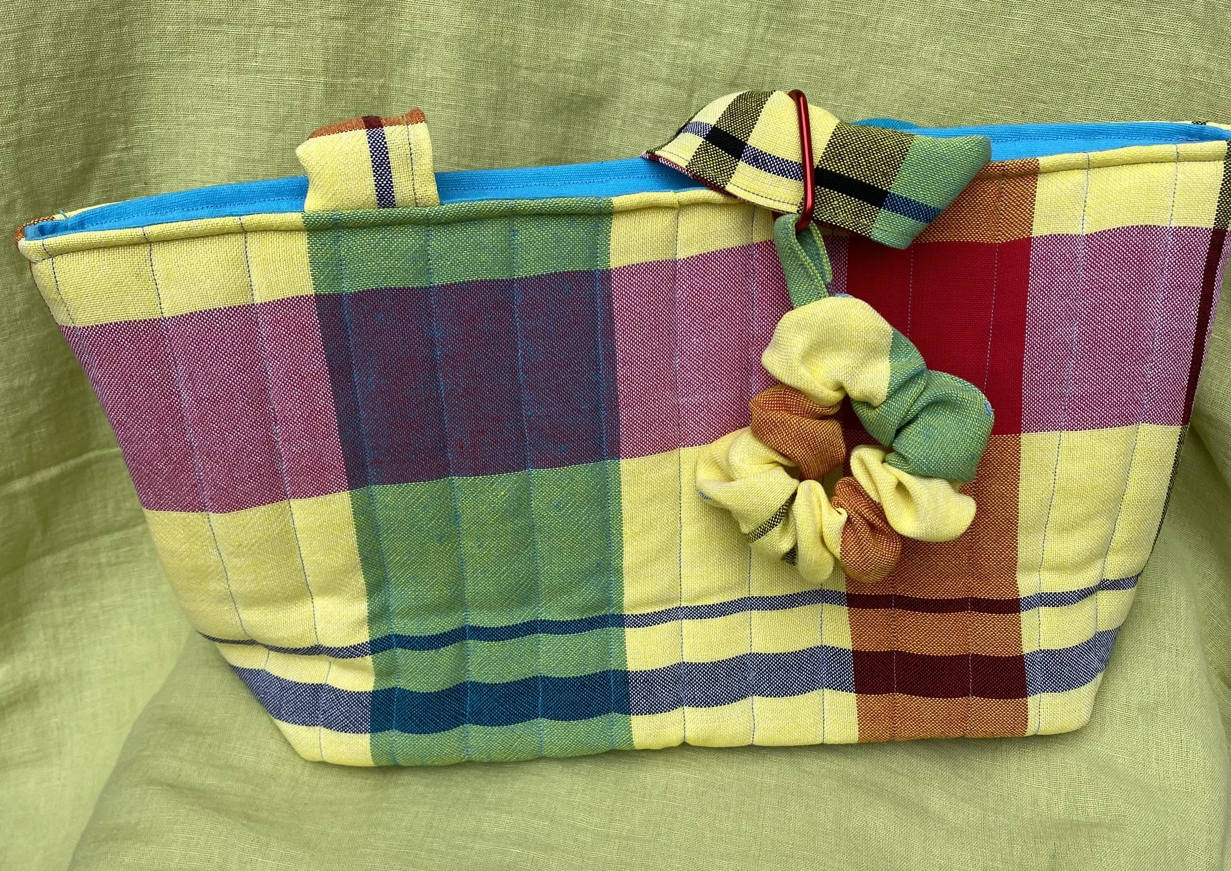 checked yellow blue table cloth bag with attached scrunchie 2.jpeg
