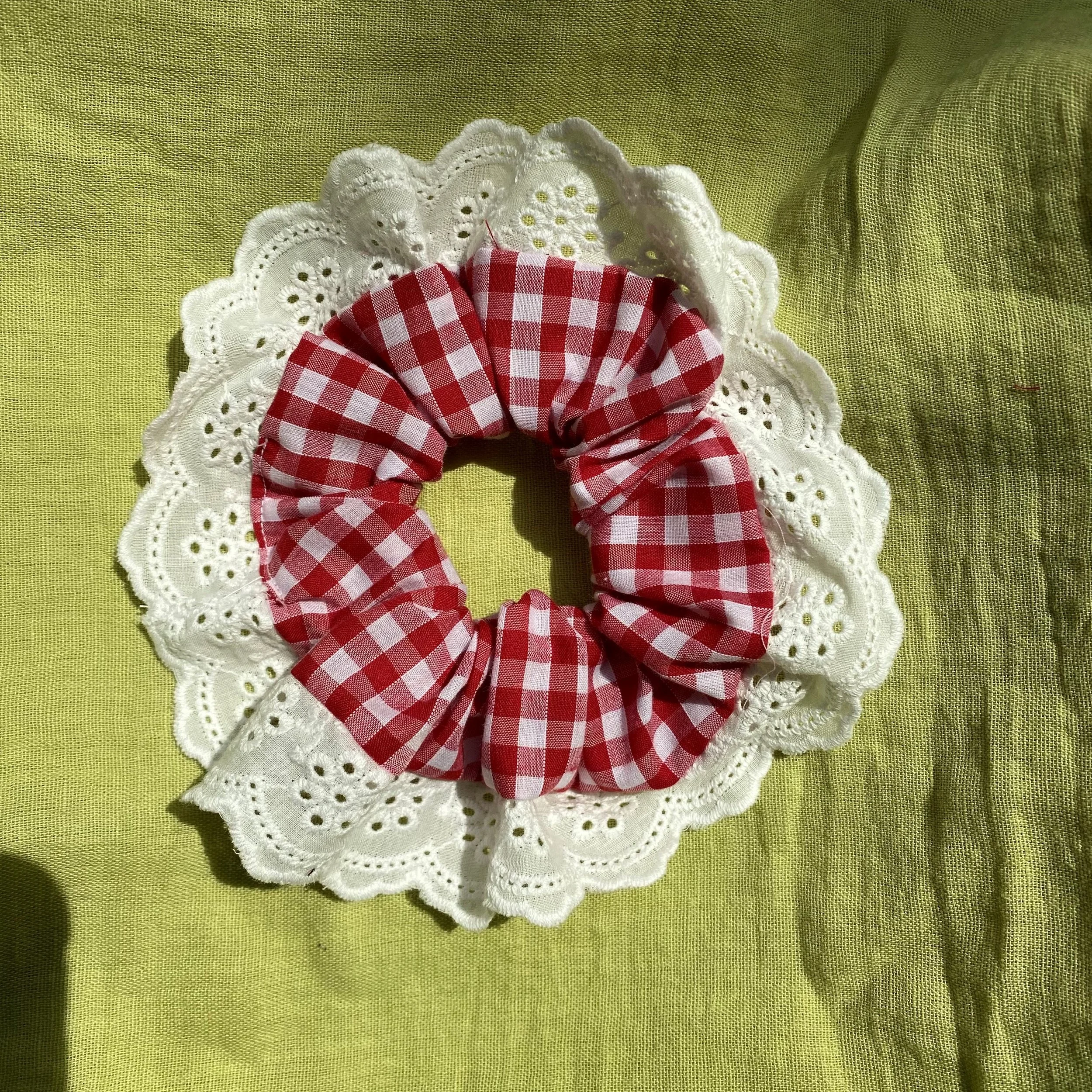 Red Gingham Lace Scrunchie