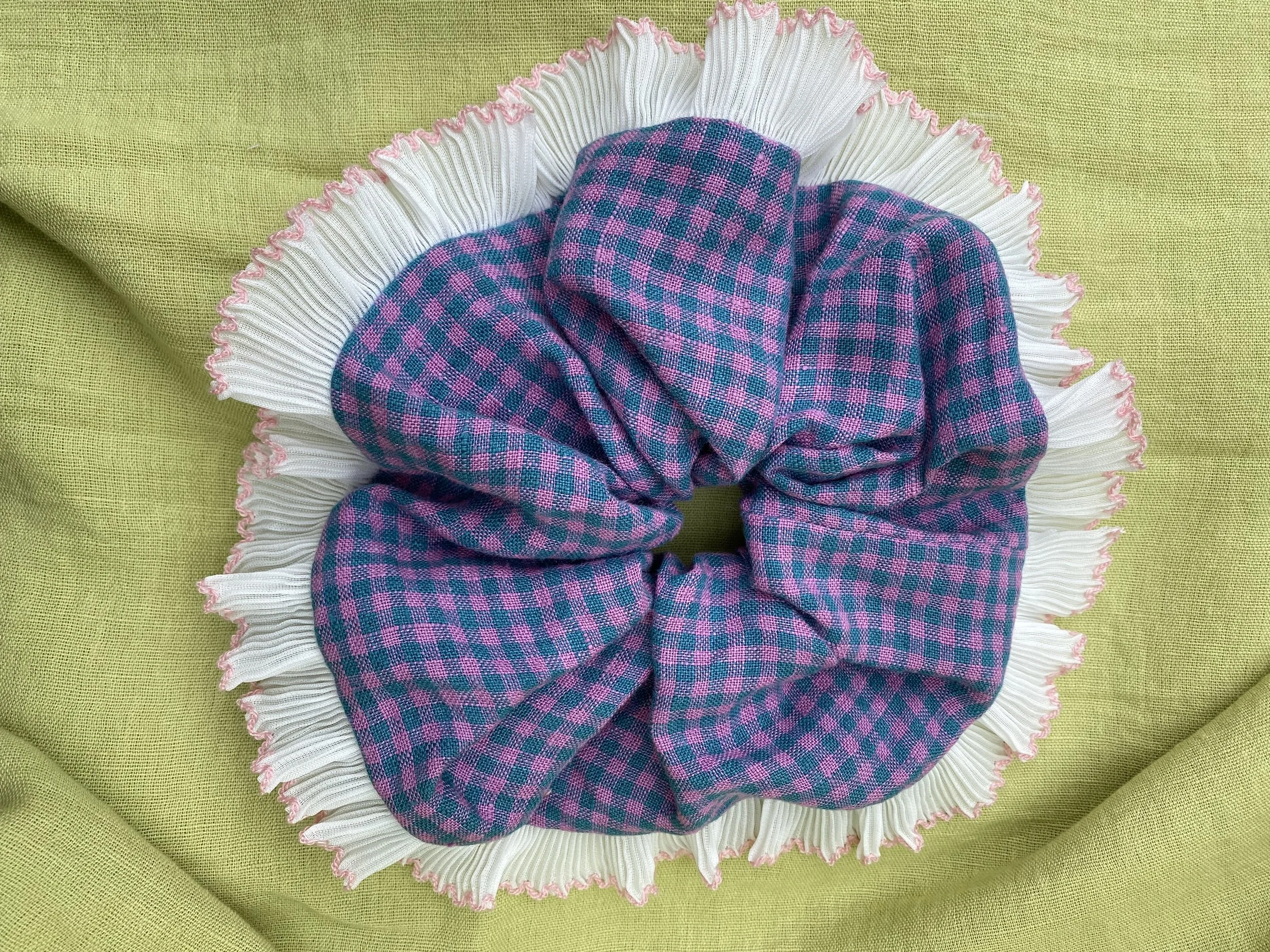 blue pink check large frilled scrunchie 2.jpeg