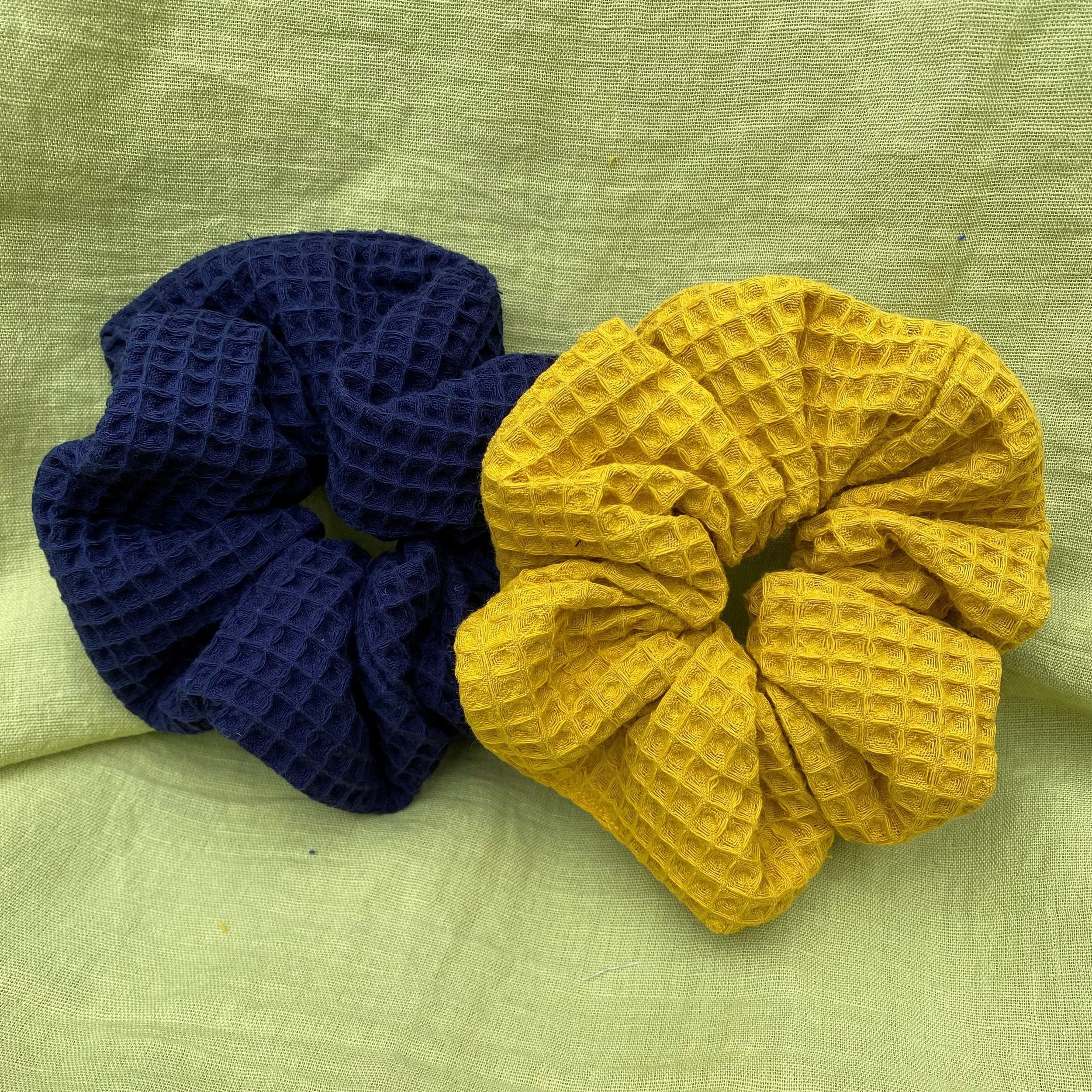 navy ochre waffle scrunchies set of two pic.jpeg