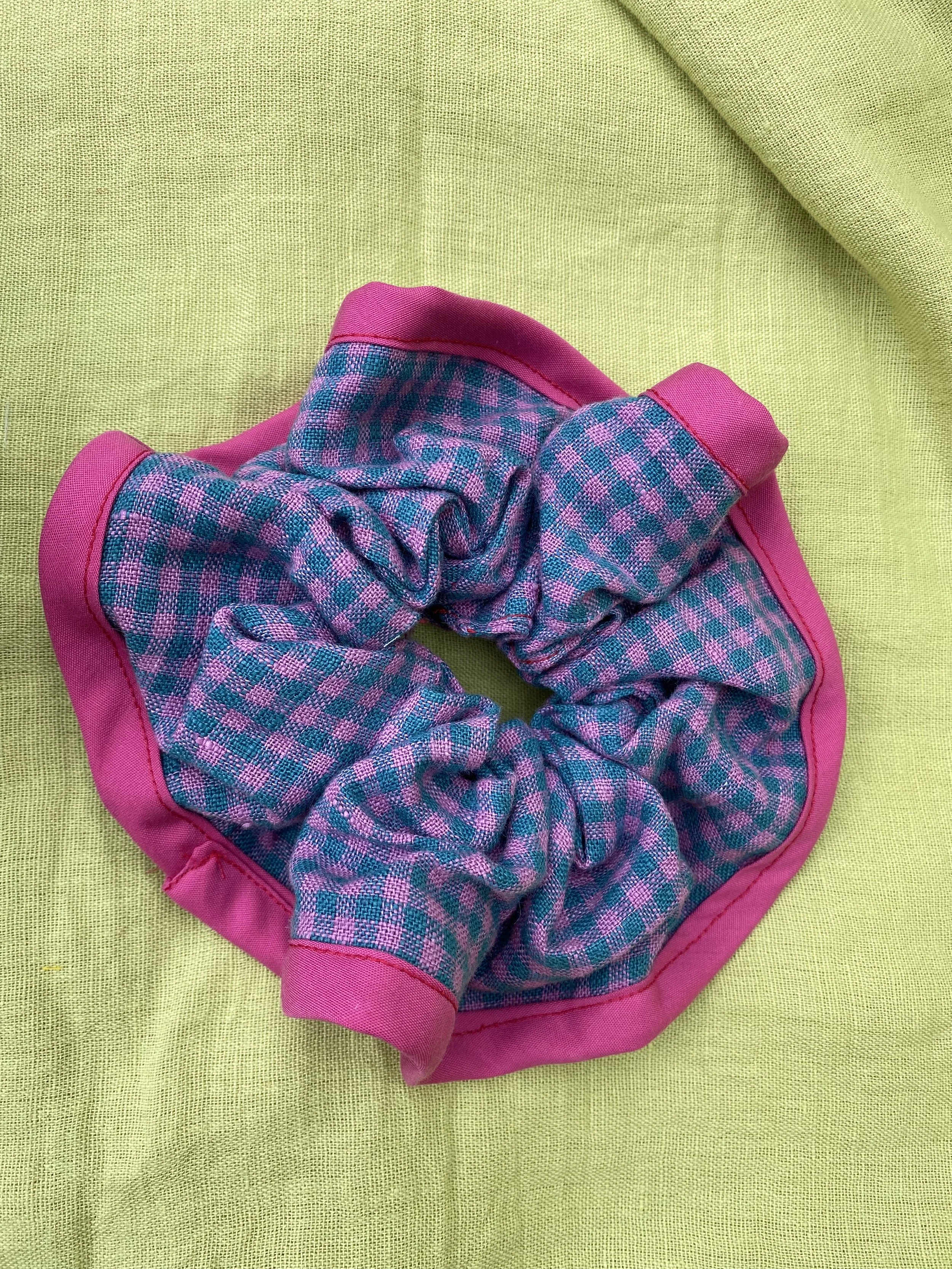 lilac blue scrunchie edged with pink binding.jpeg
