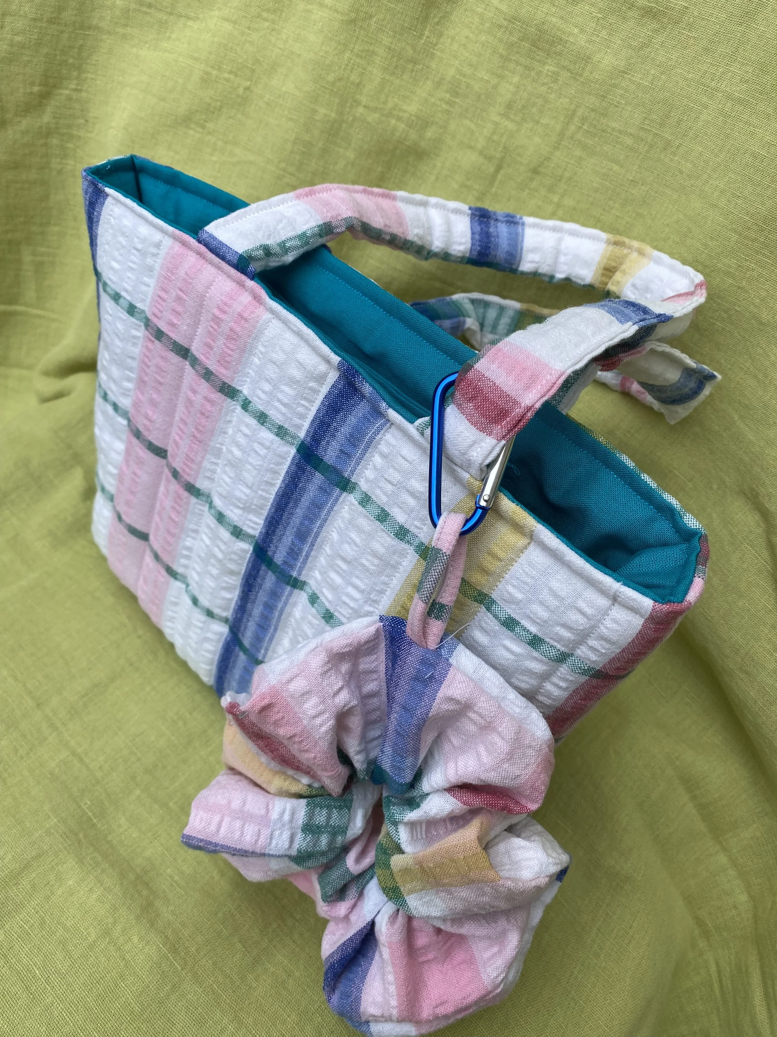 pink white checked seersucker table cloth bag with scrunhie 2.jpeg