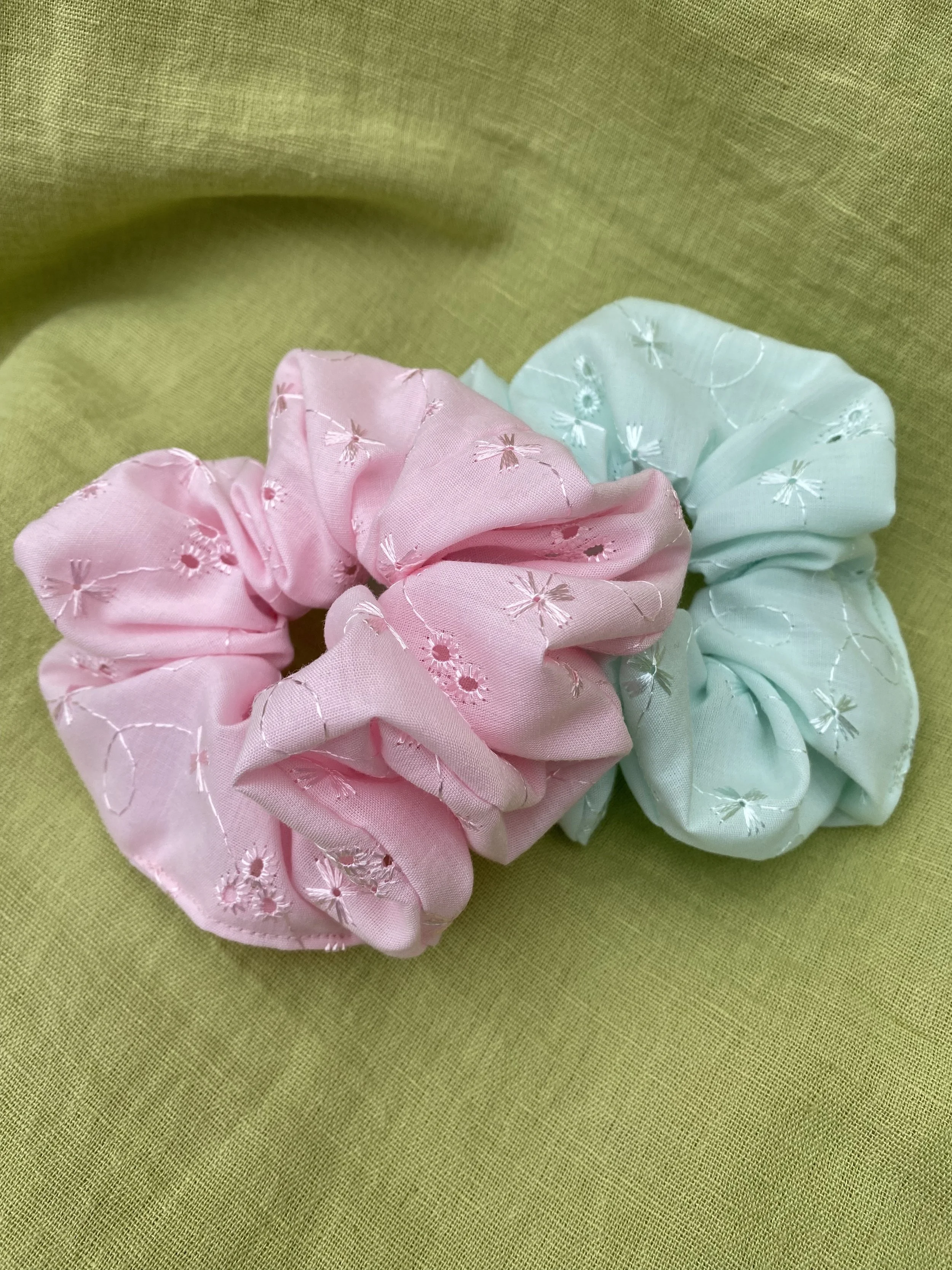 pink green enbroidery anglaise scrunchies group.jpeg