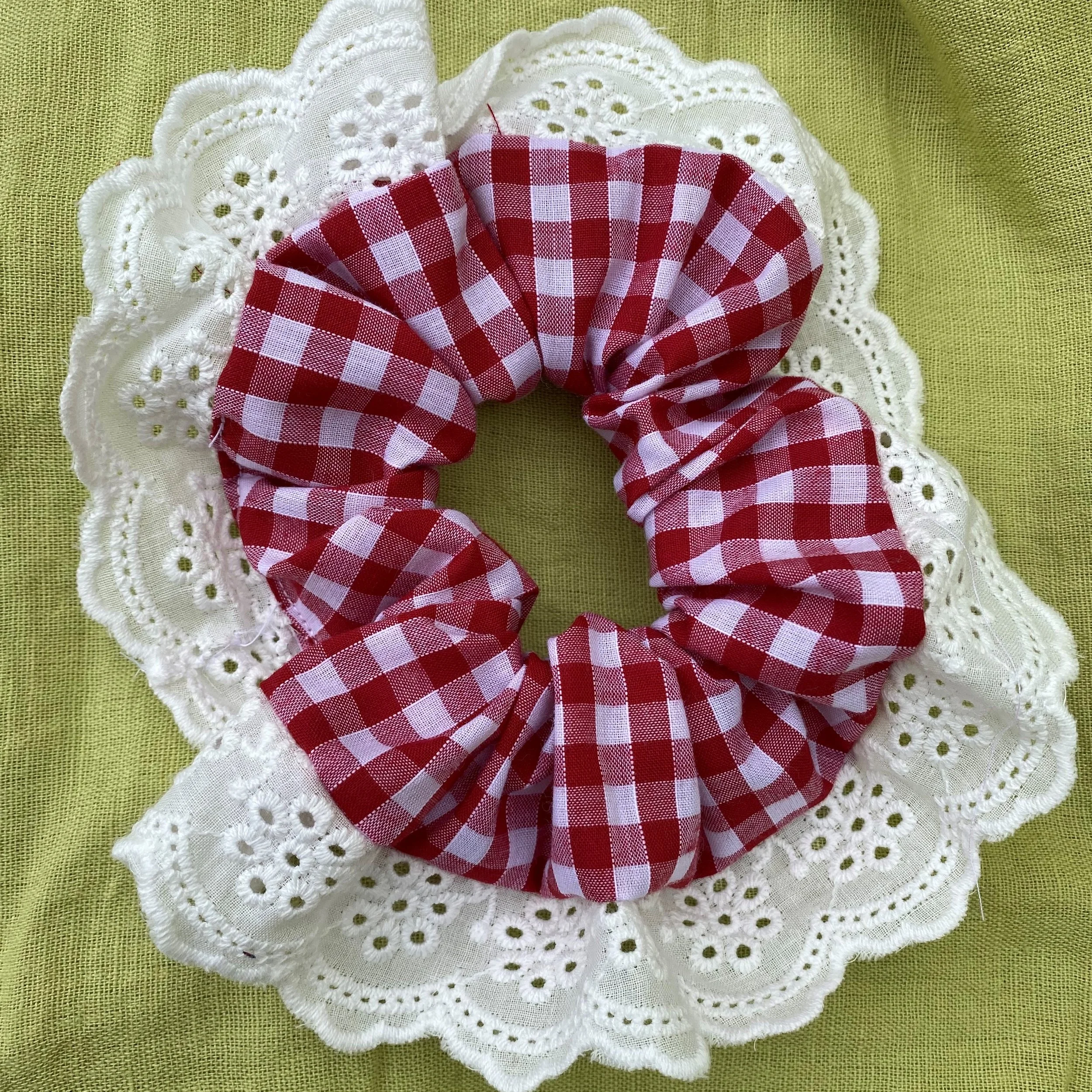 red gingham large white lace frilled scrunchie 2.jpeg