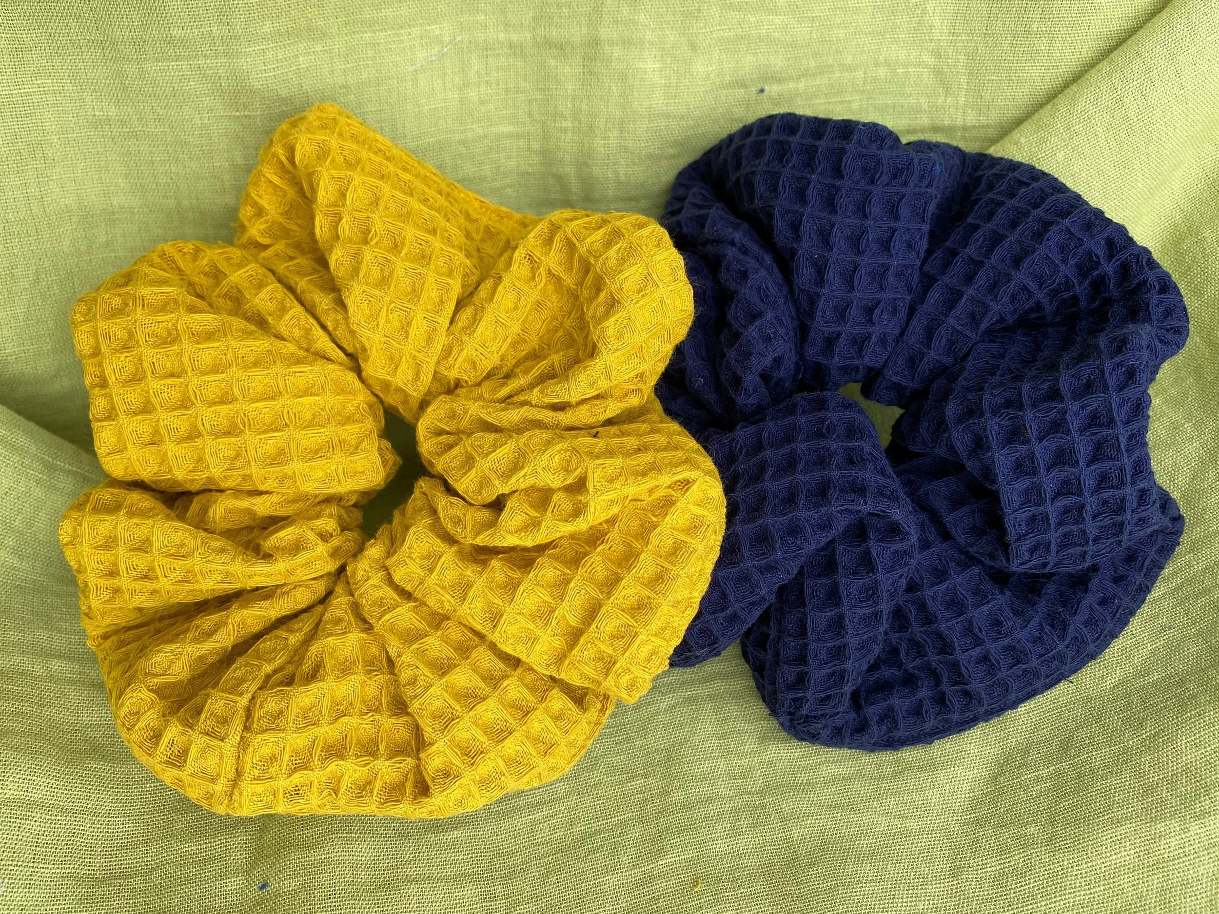 navy ochre waffle scrunchies set of two pic 2.jpeg