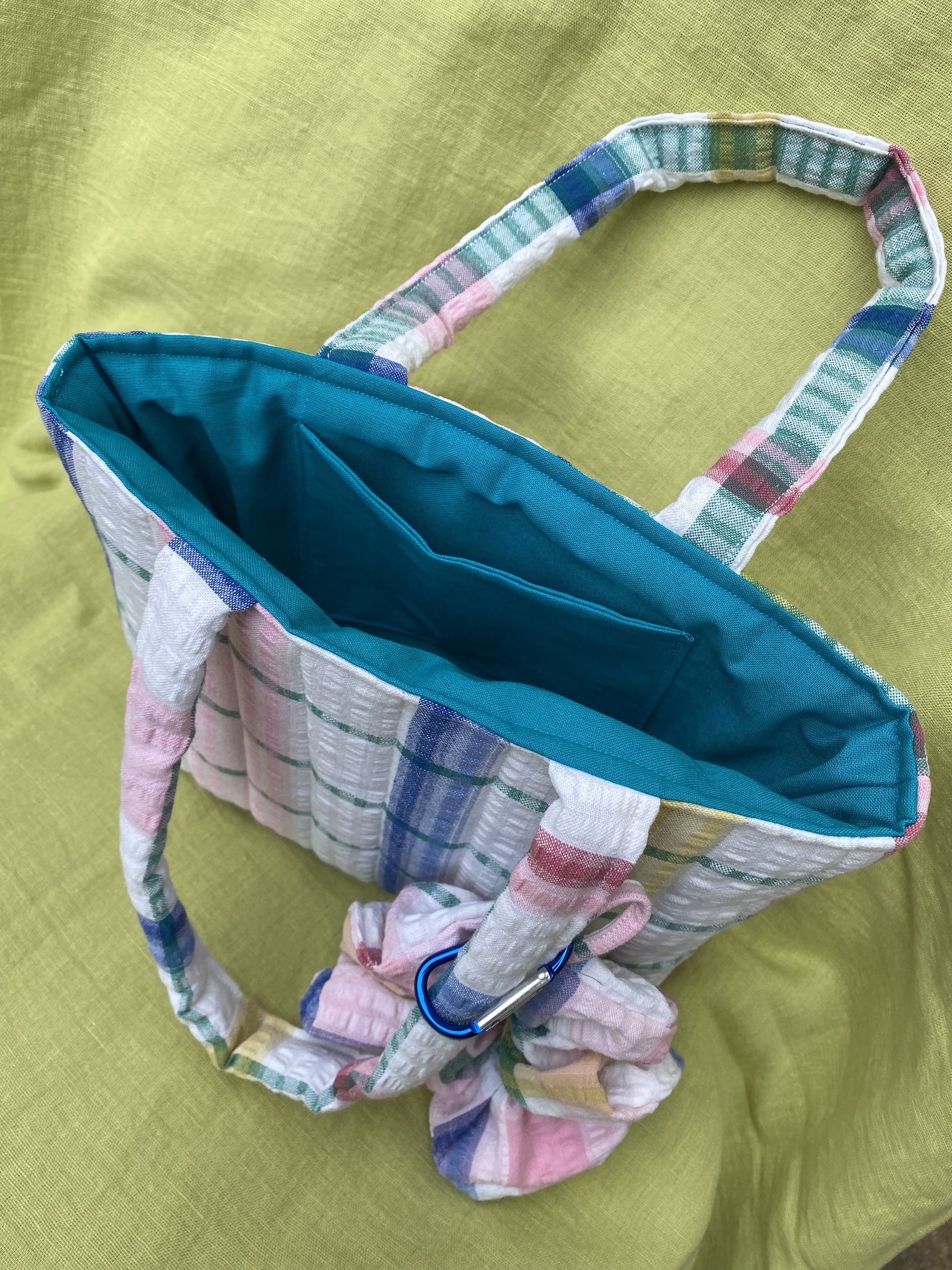pink white checked seersucker table cloth bag with scrunchie inside pic.jpeg