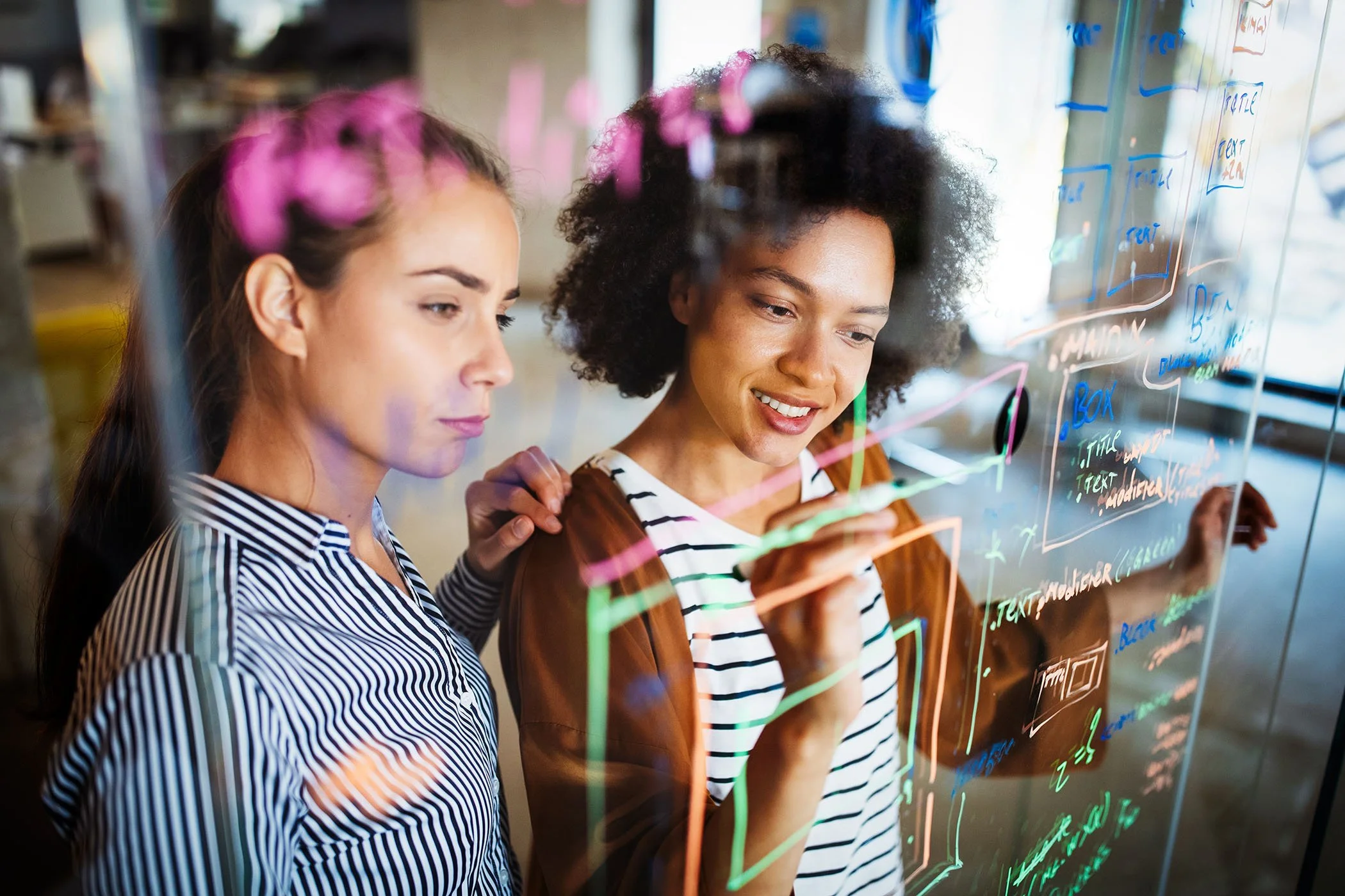 Two women working together on a digital whiteboard with colorful notes and diagrams, in an office setting.