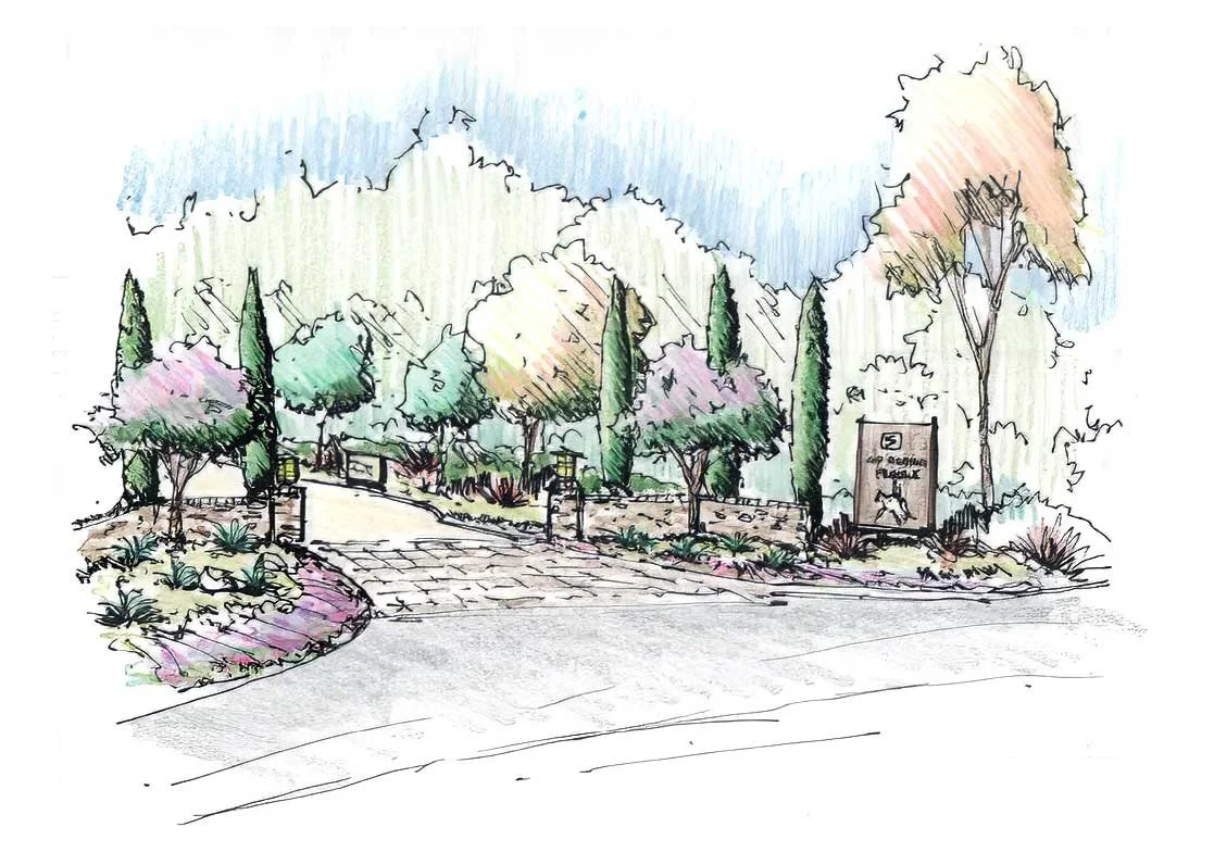 A colorful watercolor sketch of a landscaped park entrance with trees, shrubs, a stone pathway, and a sign for the dog agility park.